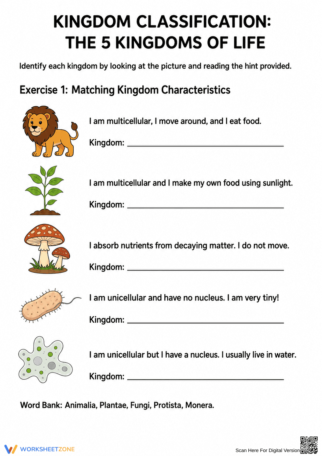 Grade 5-7 5 Kingdoms of Life — Printable No-Prep Worksheet - Page 1