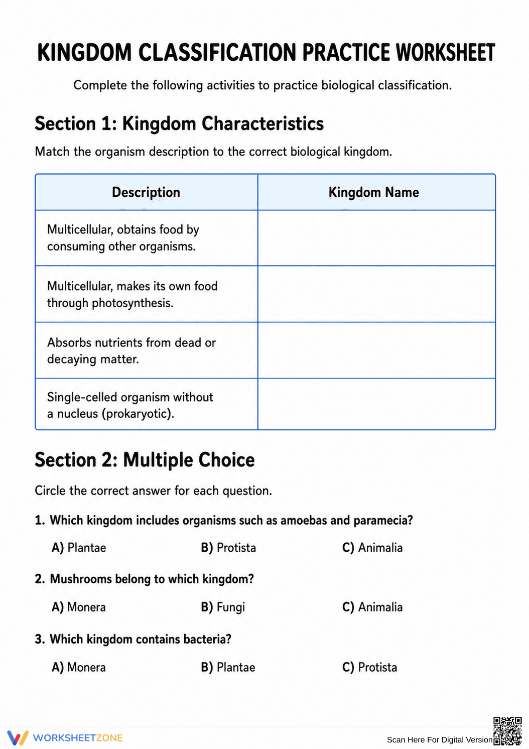 Printable Kingdom Classification Worksheet | Grades 6-8 - Page 1