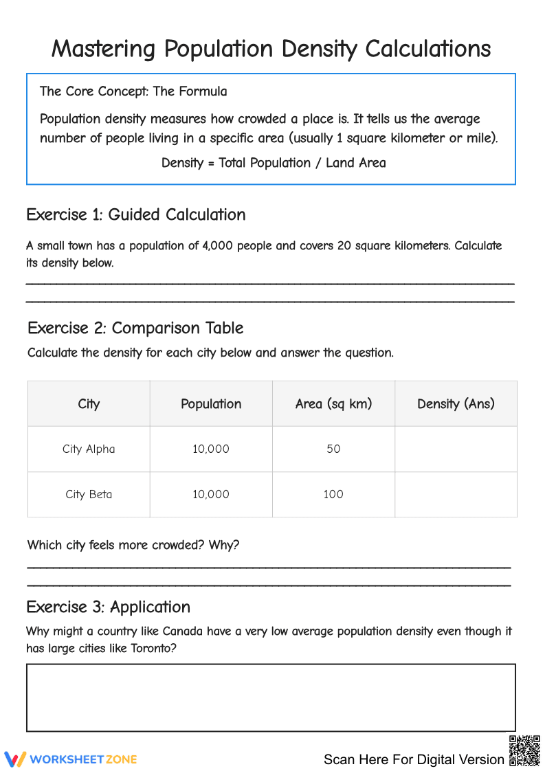 Population Density Calculations Worksheet - Page 1
