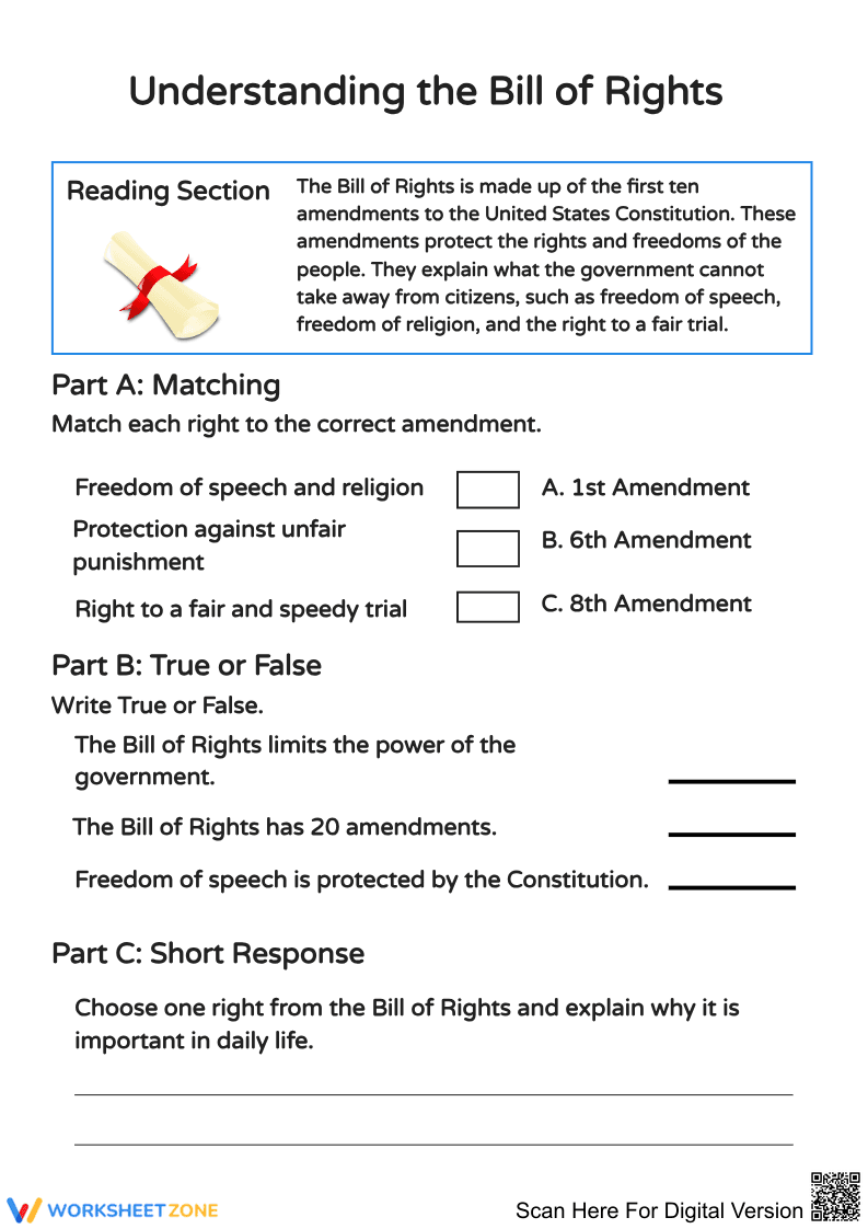 Understanding the Bill of Rights Worksheet – Grade 9 Civics - Page 1