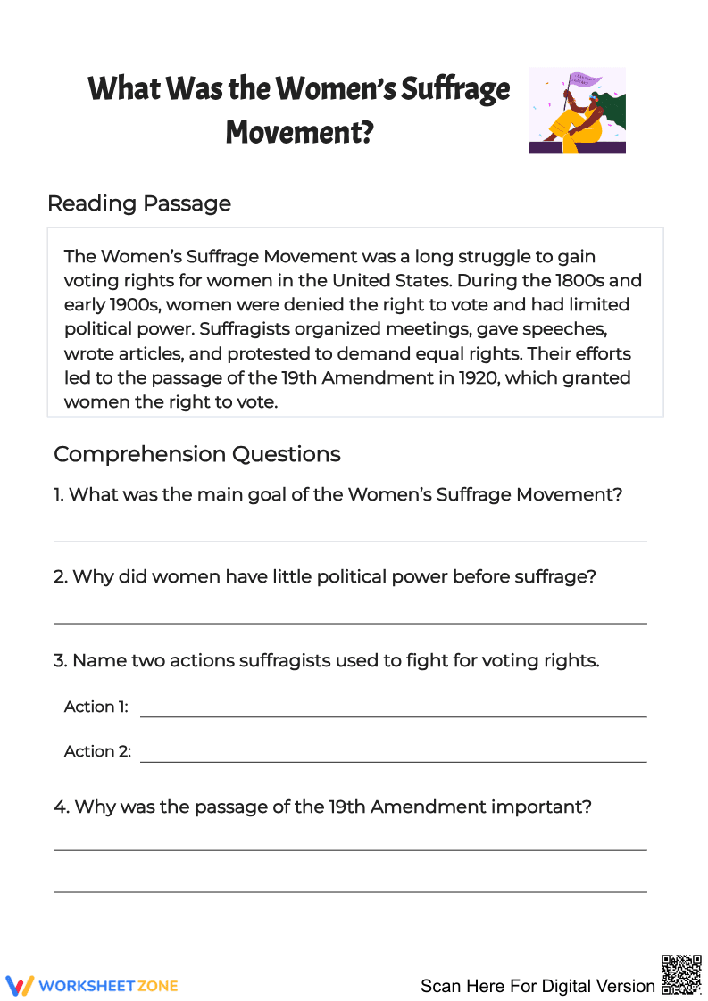 Women’s Suffrage Movement Reading Worksheet - Page 1
