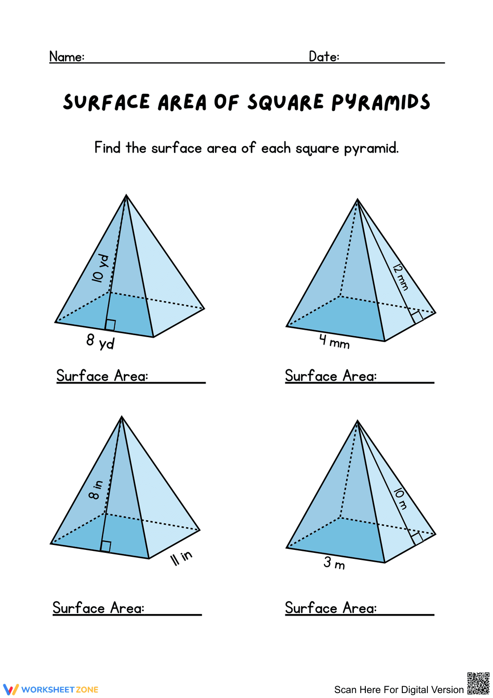 Calculate Surface Area of Square Pyramids - Page 1