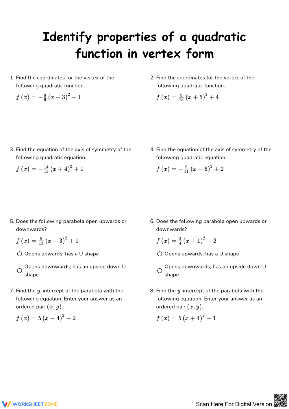 Identify Properties of a Quadratic Function in Vertex Form - Page 1