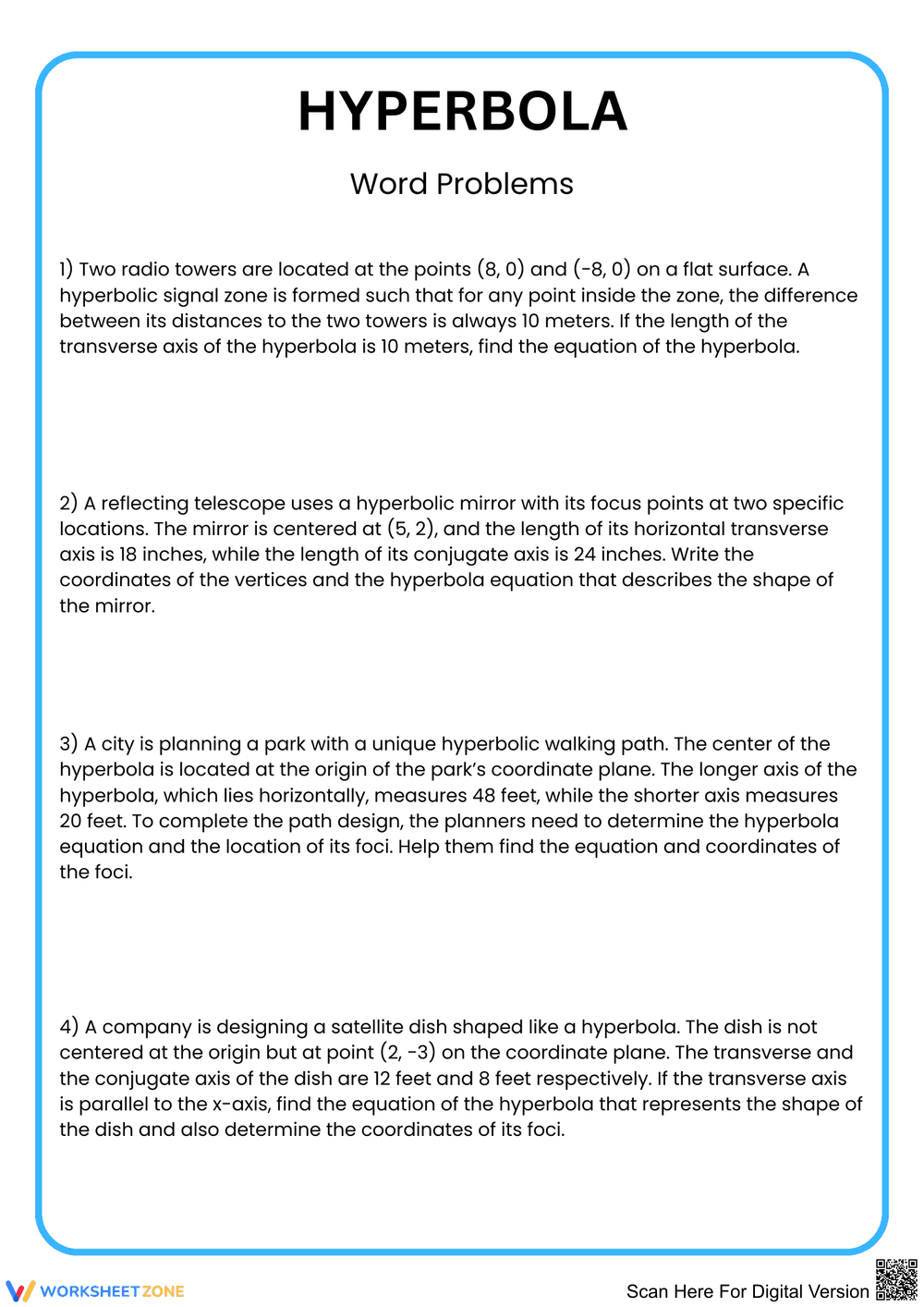 Hyperbola Word Problems Worksheet - Page 1