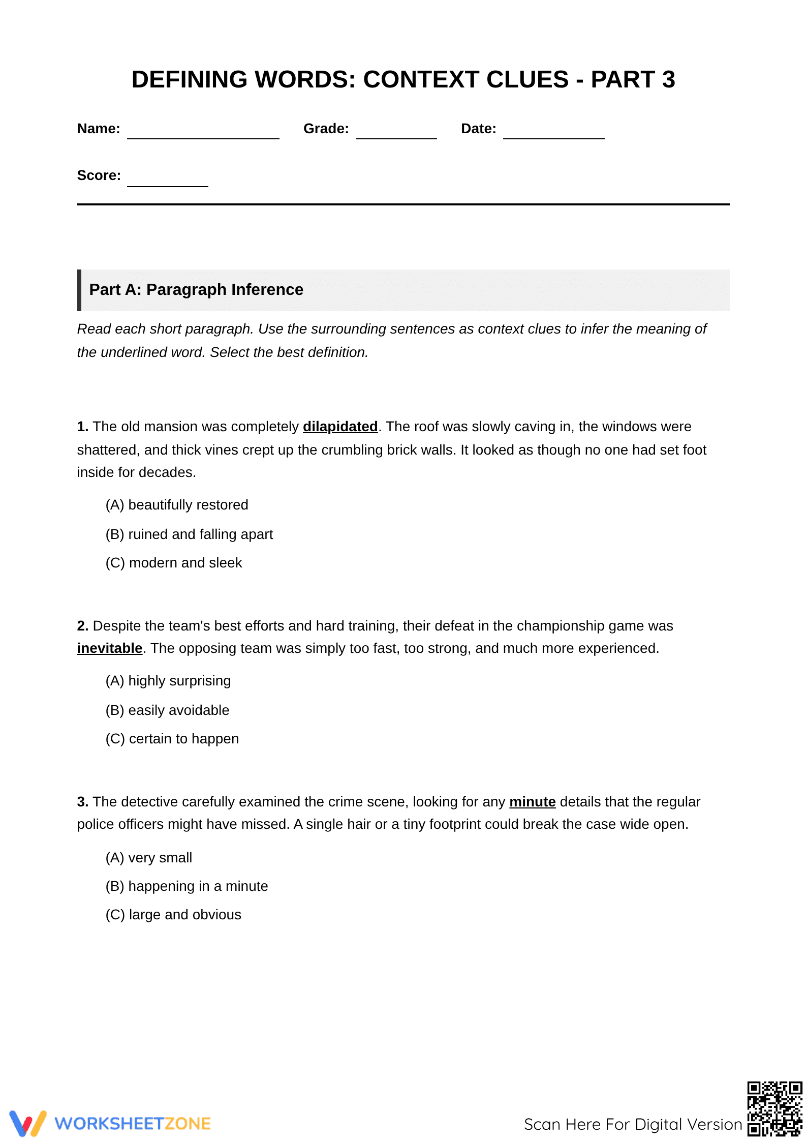 Defining Words: Context Clues - Part 3 Worksheet - Page 1