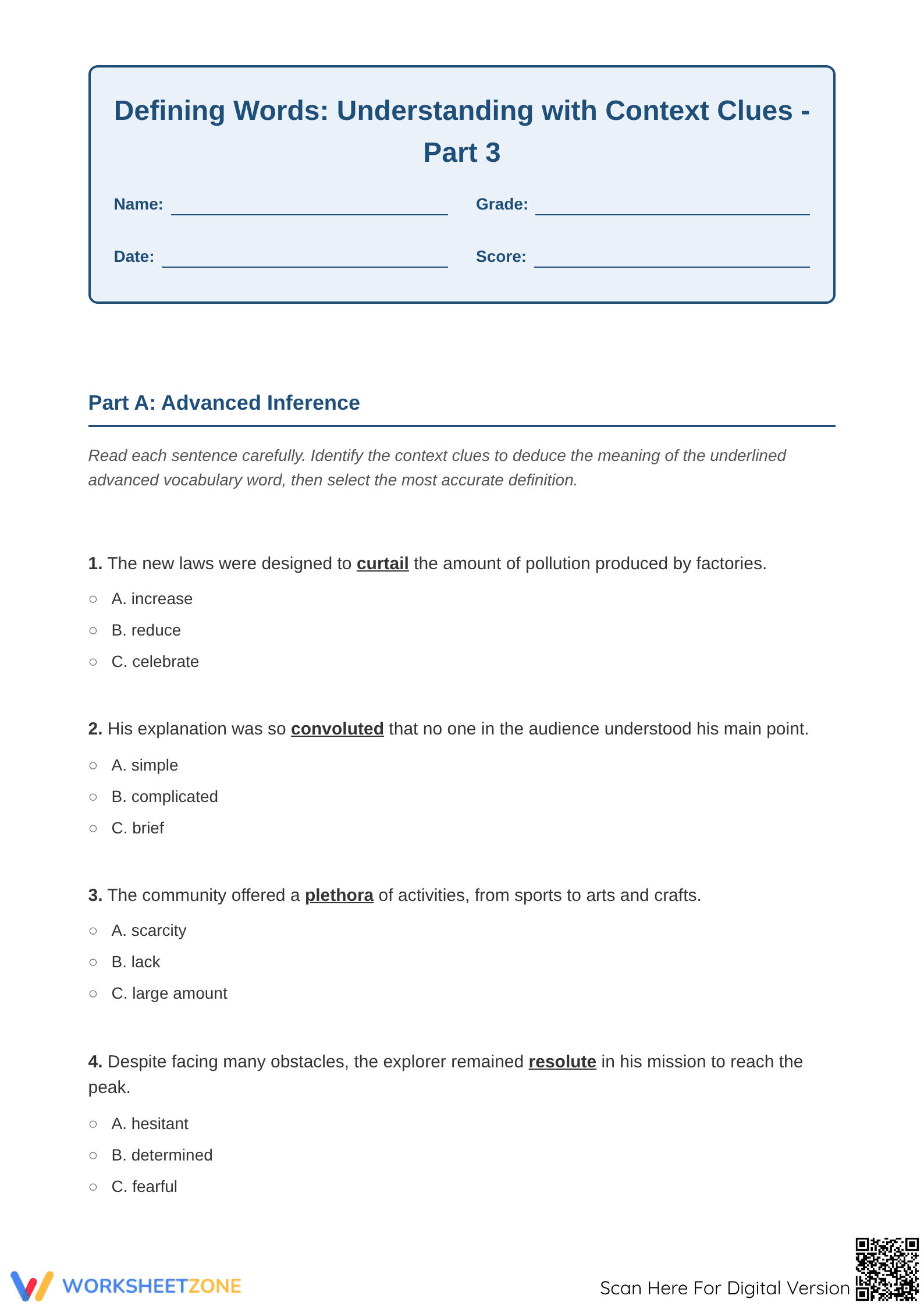 Defining Words: Understanding with Context Clues - Part 3 Worksheet - Page 1
