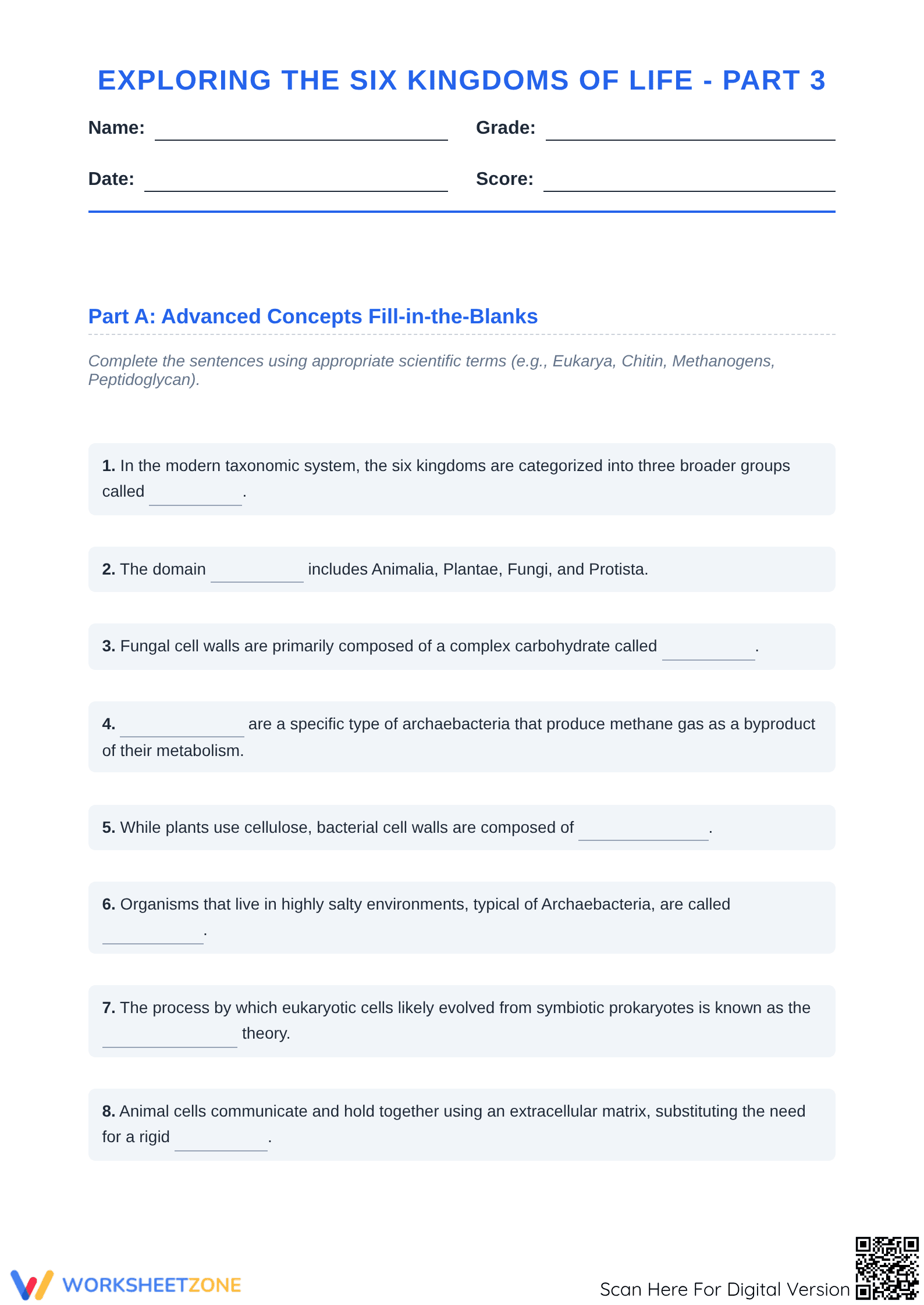 Exploring the Six Kingdoms of Life - Part 3: Advanced Biological Classification Worksheet - Page 1