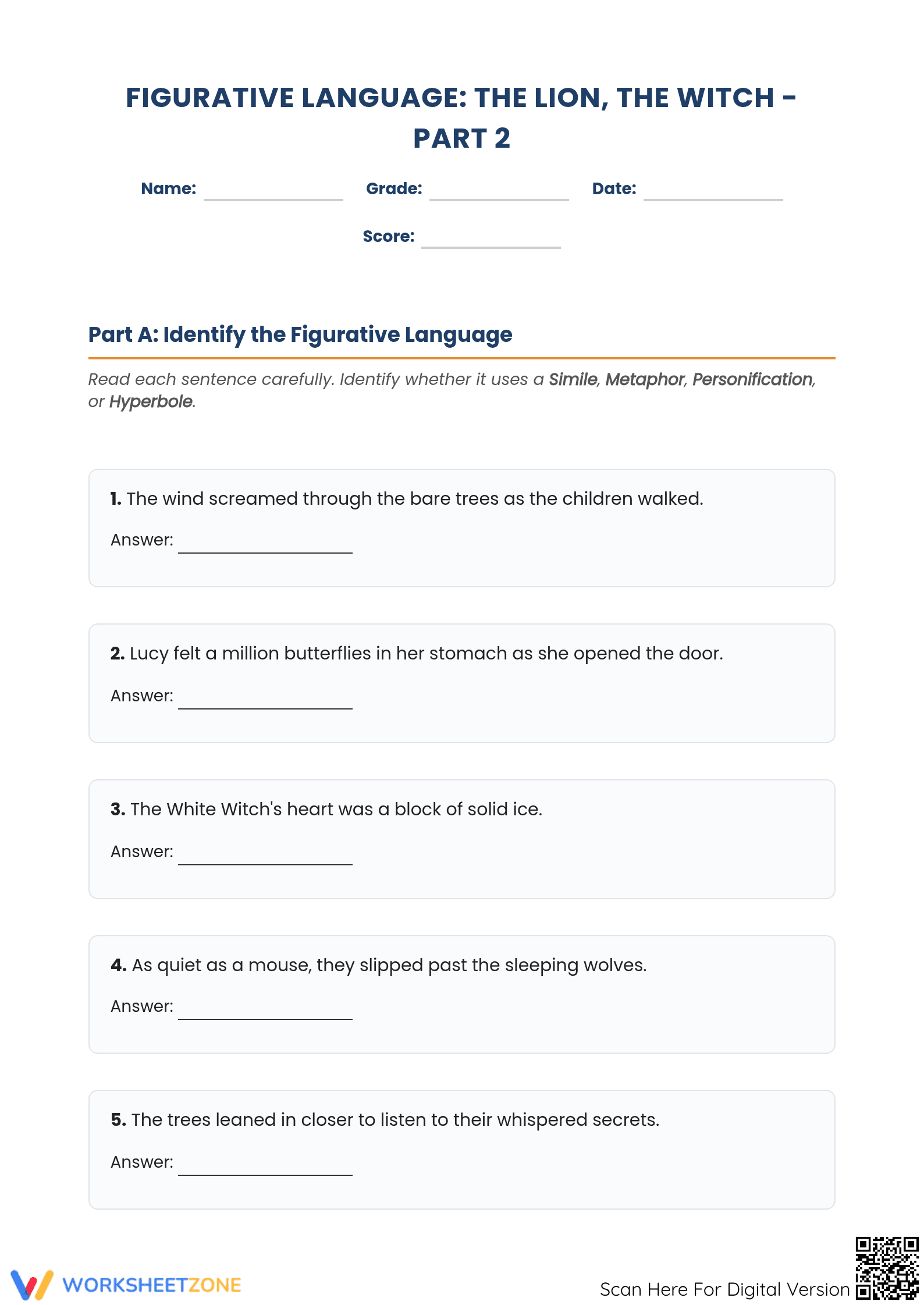 Figurative Language: The Lion, the Witch – Part 2 Worksheet - Page 1