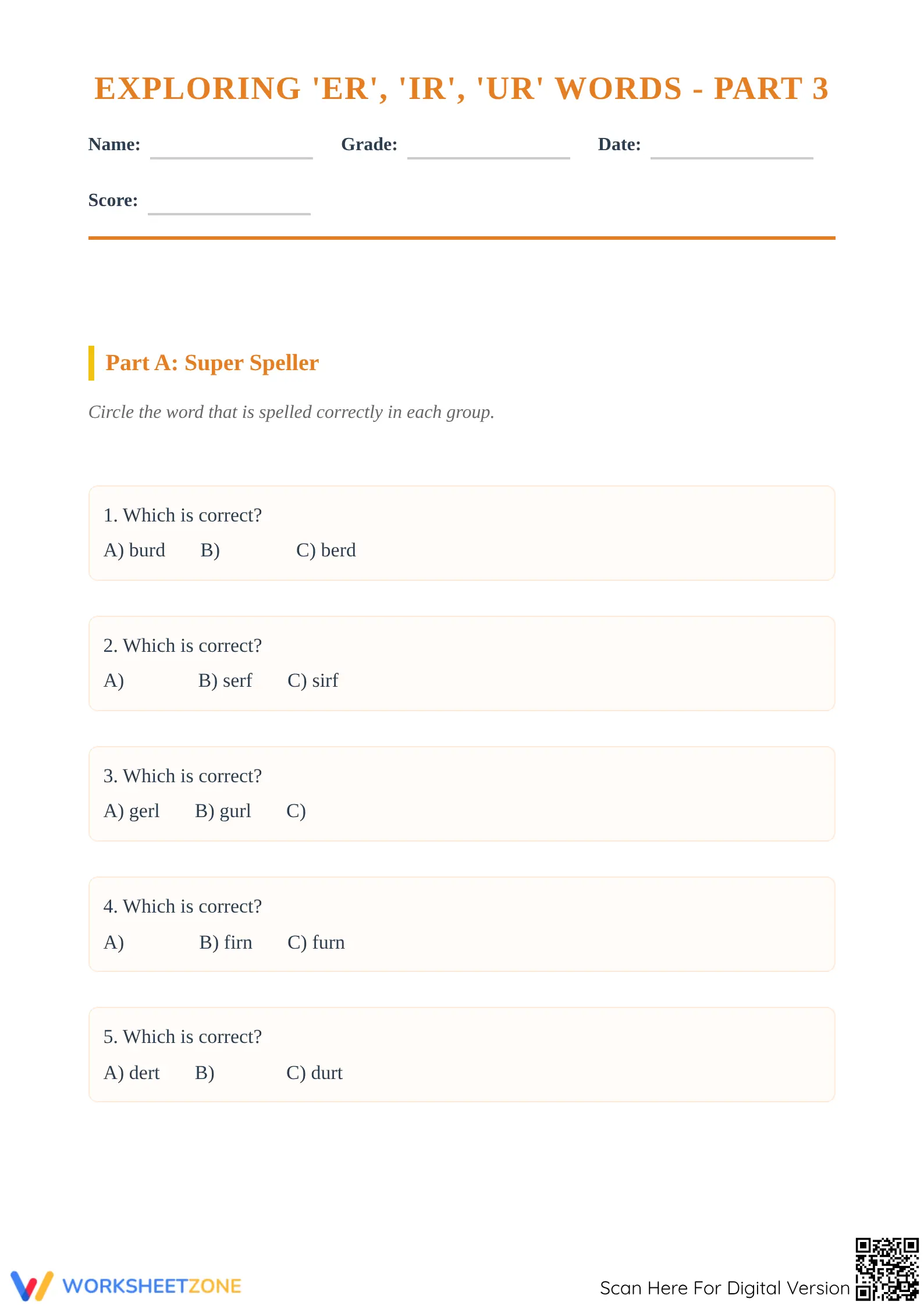 Exploring 'ER', 'IR', 'UR' Words - Part 3: Phonics and Spelling Worksheet - Page 1