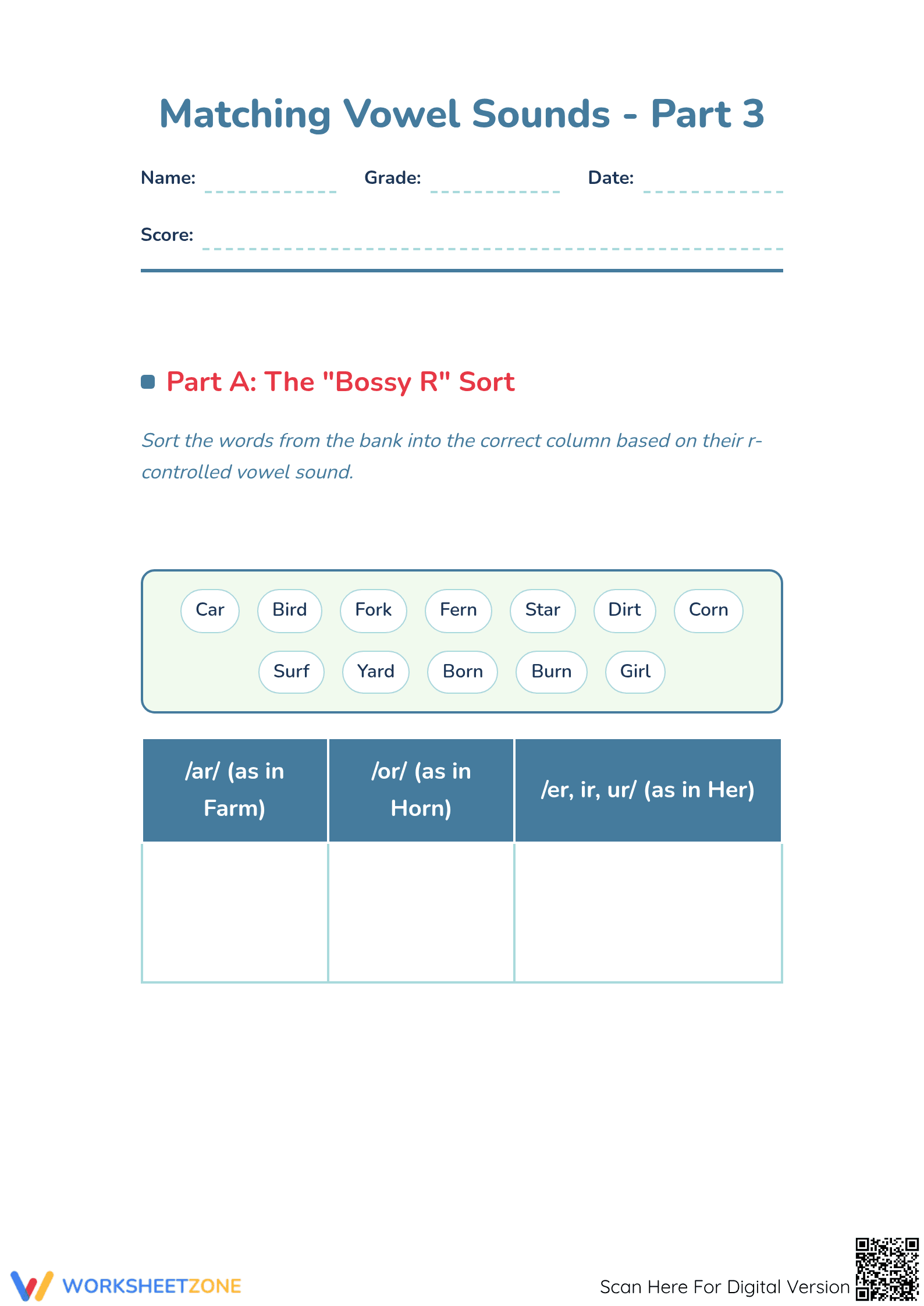 Matching Vowel Sounds - Part 3: Bossy R, Diphthongs, and Syllable Hunt - Page 1