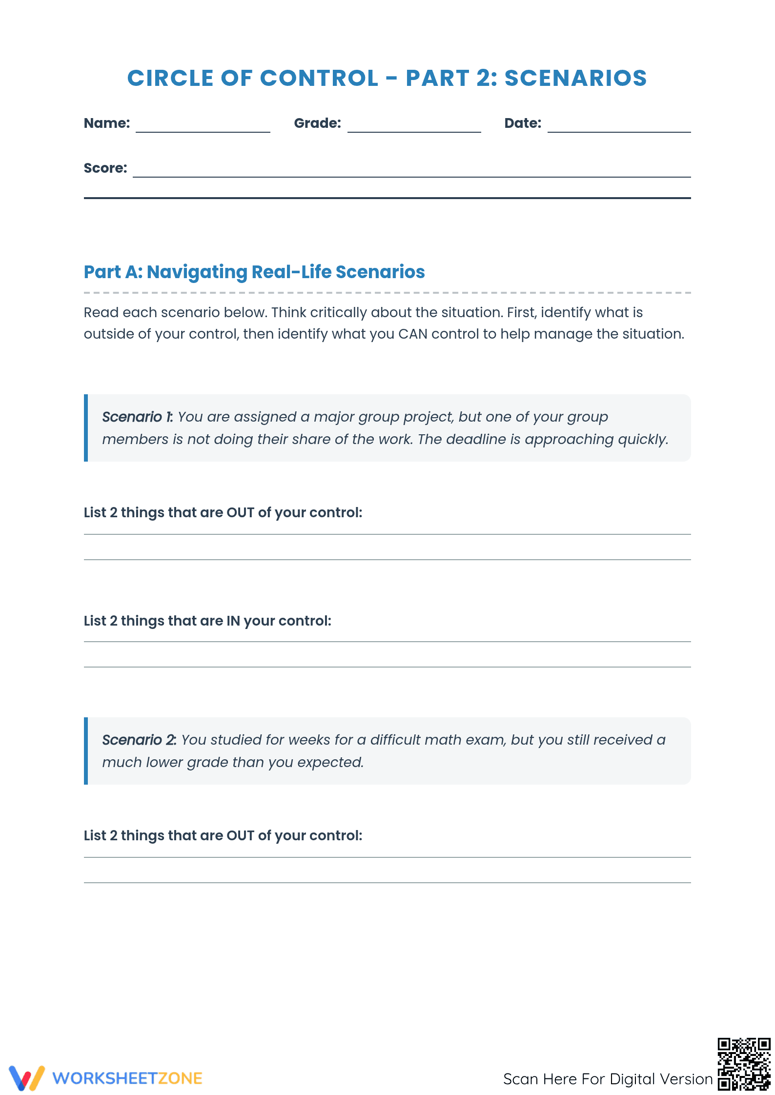 Circle of Control – Part 2: Real-Life Scenarios Worksheet - Page 1