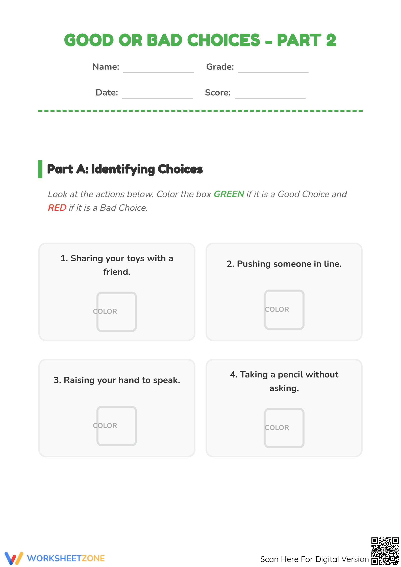 Good or Bad Choices Coloring Worksheet – Learn Classroom Behavior - Page 1