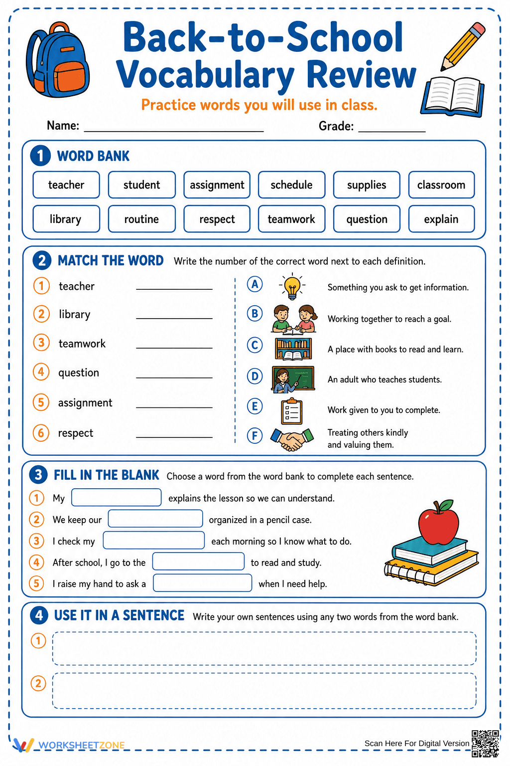 Back-to-School Vocabulary Review | Grade 3 Printable - Page 1