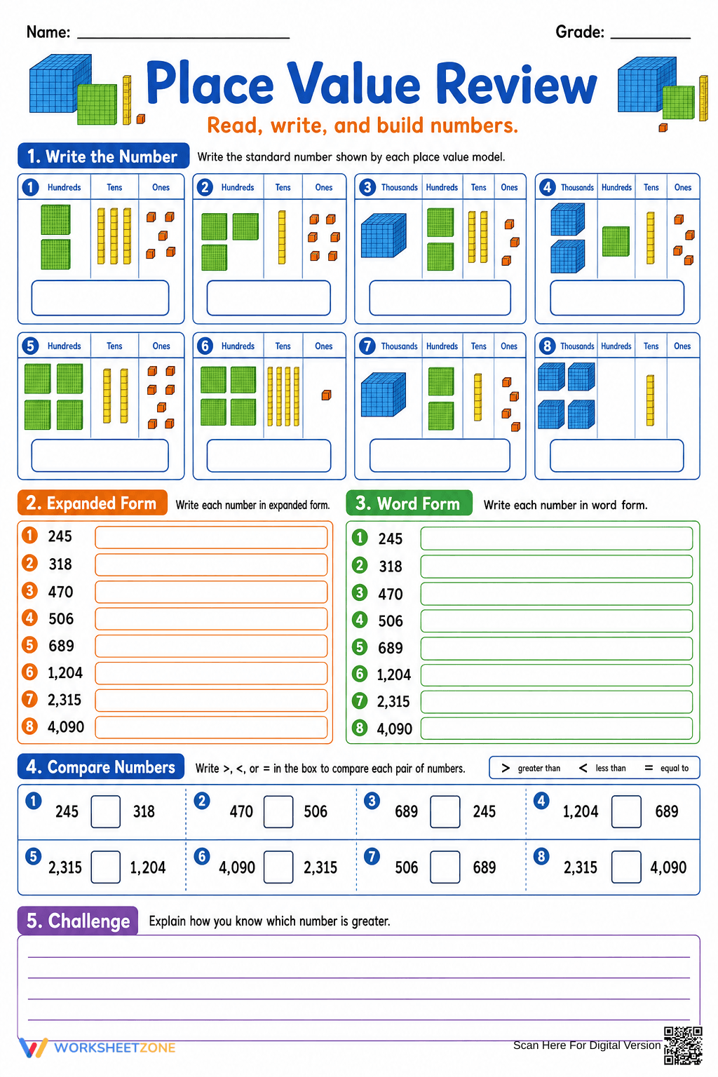 Grade 4 Place Value Review — Printable No-Prep Worksheet - Page 1