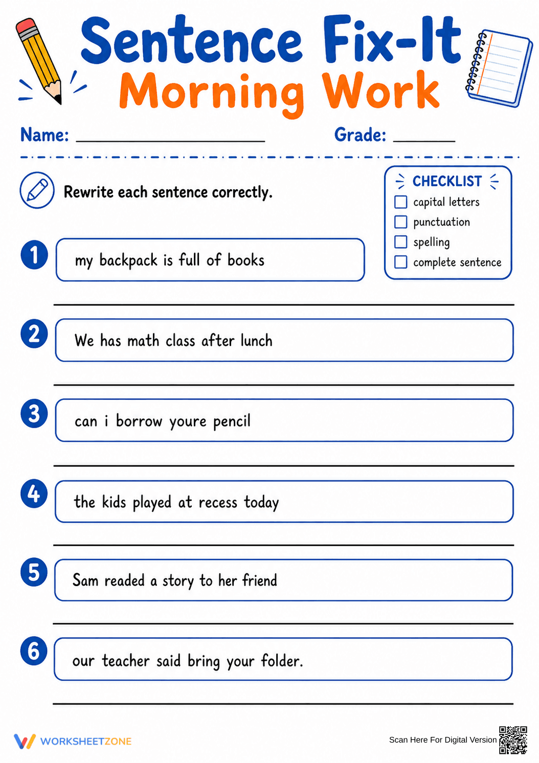 Sentence Editing Morning Work | Grade 3 Printable - Page 1