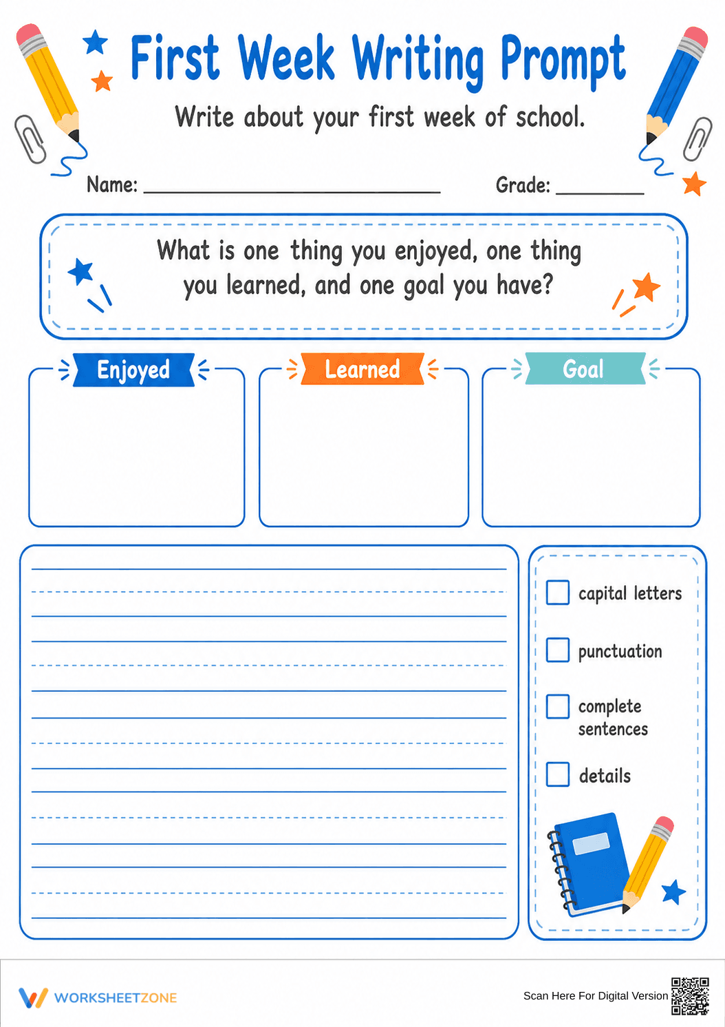 First Week Writing Prompt | Grade 3 Printable Guide - Page 1