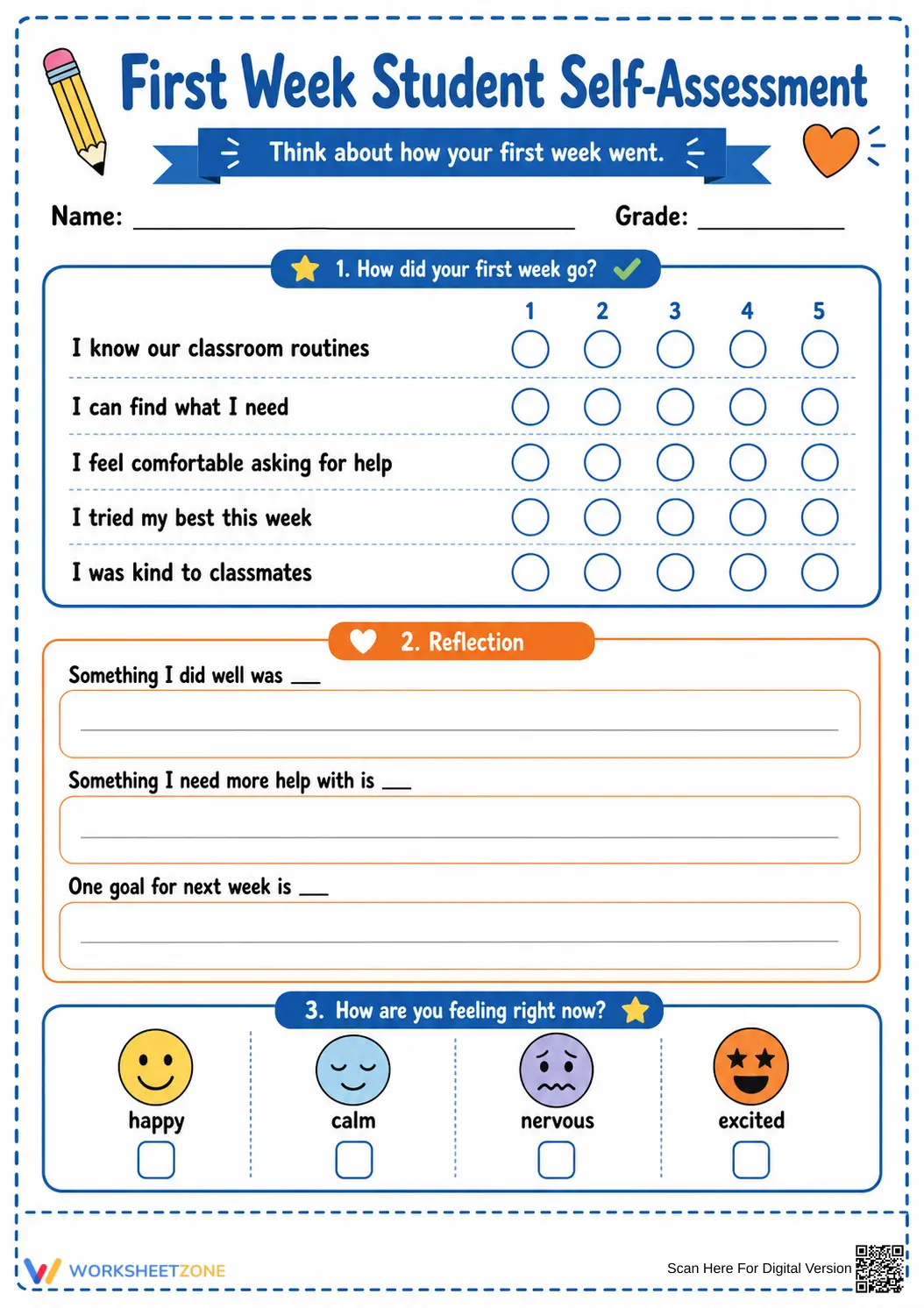 First Week Student Self-Assessment | Grade 3 Printable - Page 1