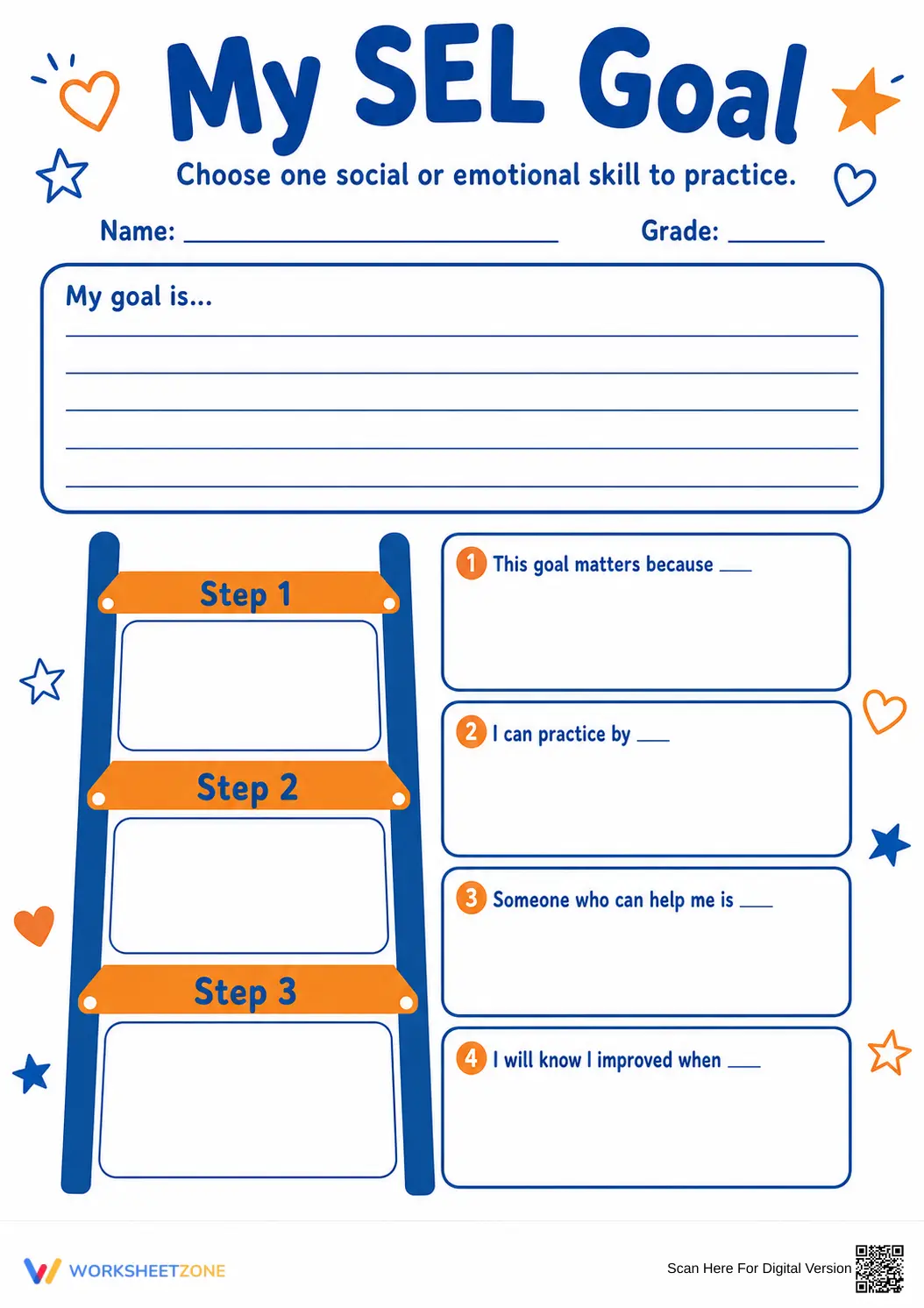 Essential SEL Goal Setting Worksheet | Grades 2-6 - Page 1