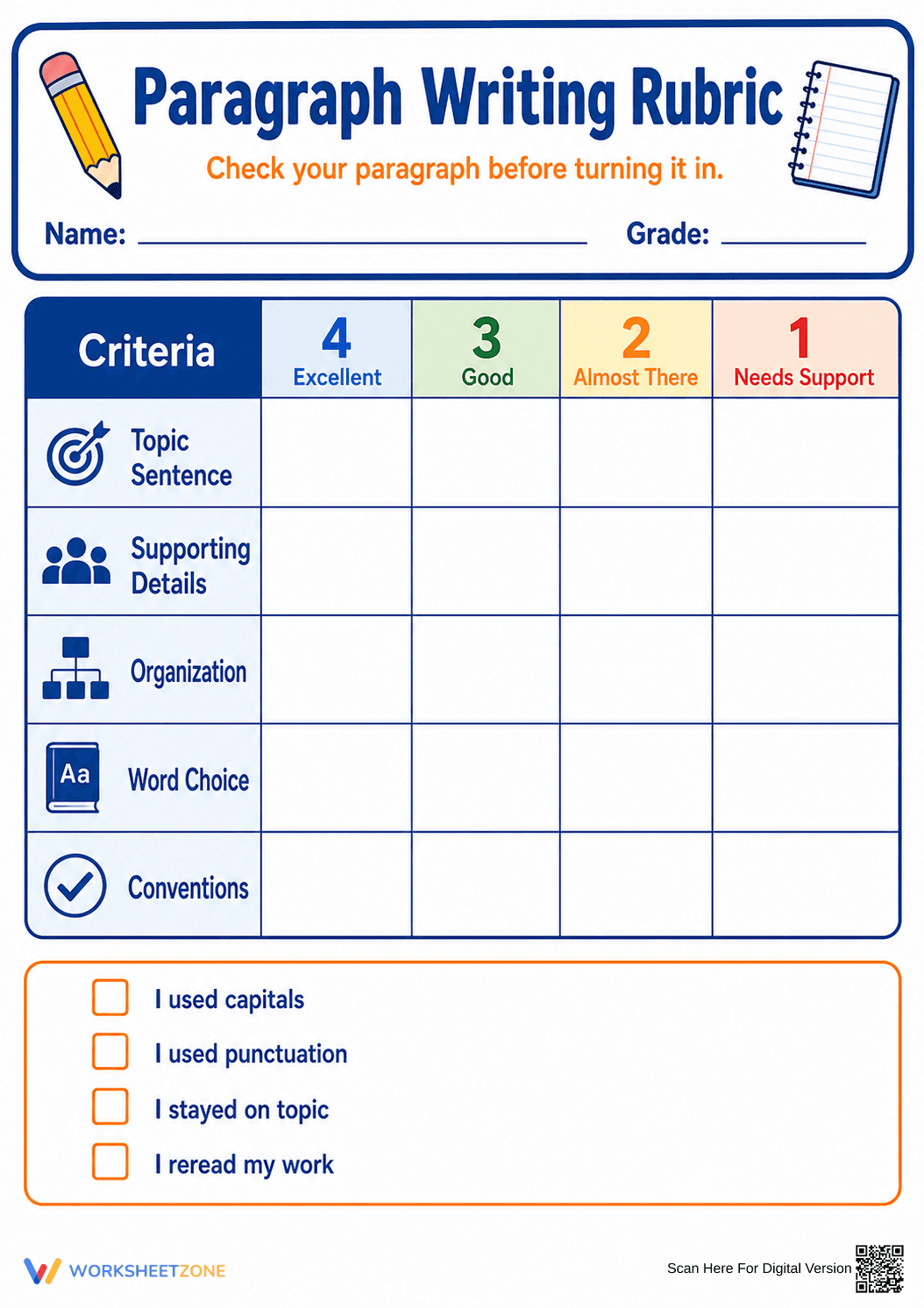 W.4.4 Worksheet: Paragraph Rubric — Grade 4 Ready - Page 1