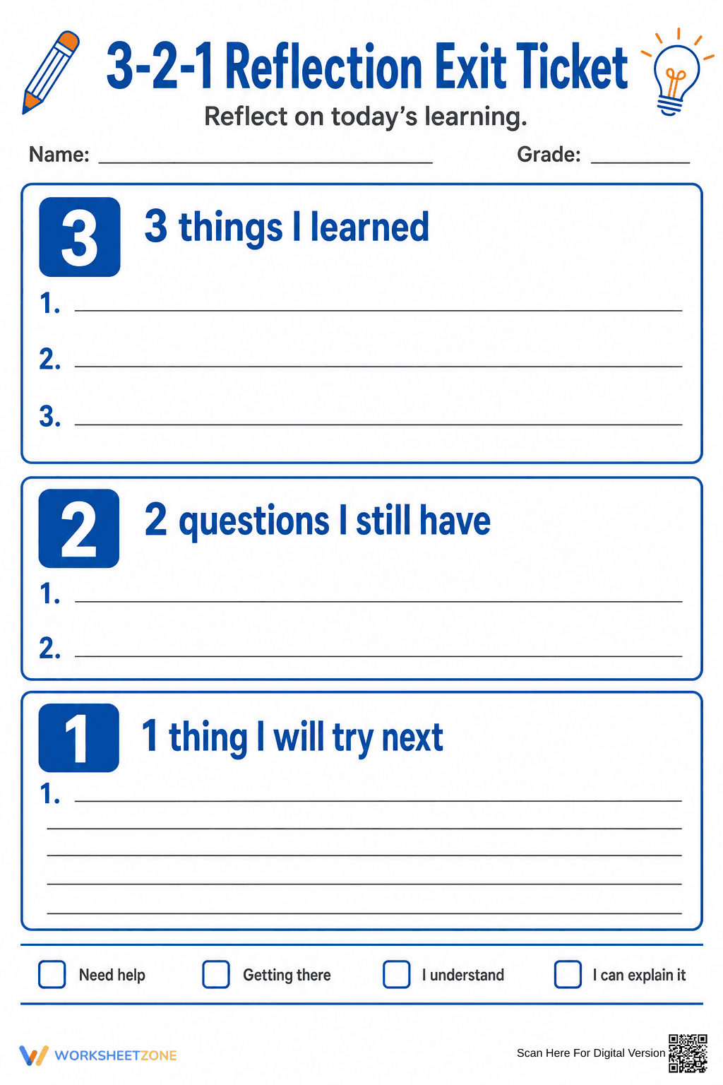 Printable 3-2-1 Reflection Exit Ticket | Grades 3-8 - Page 1