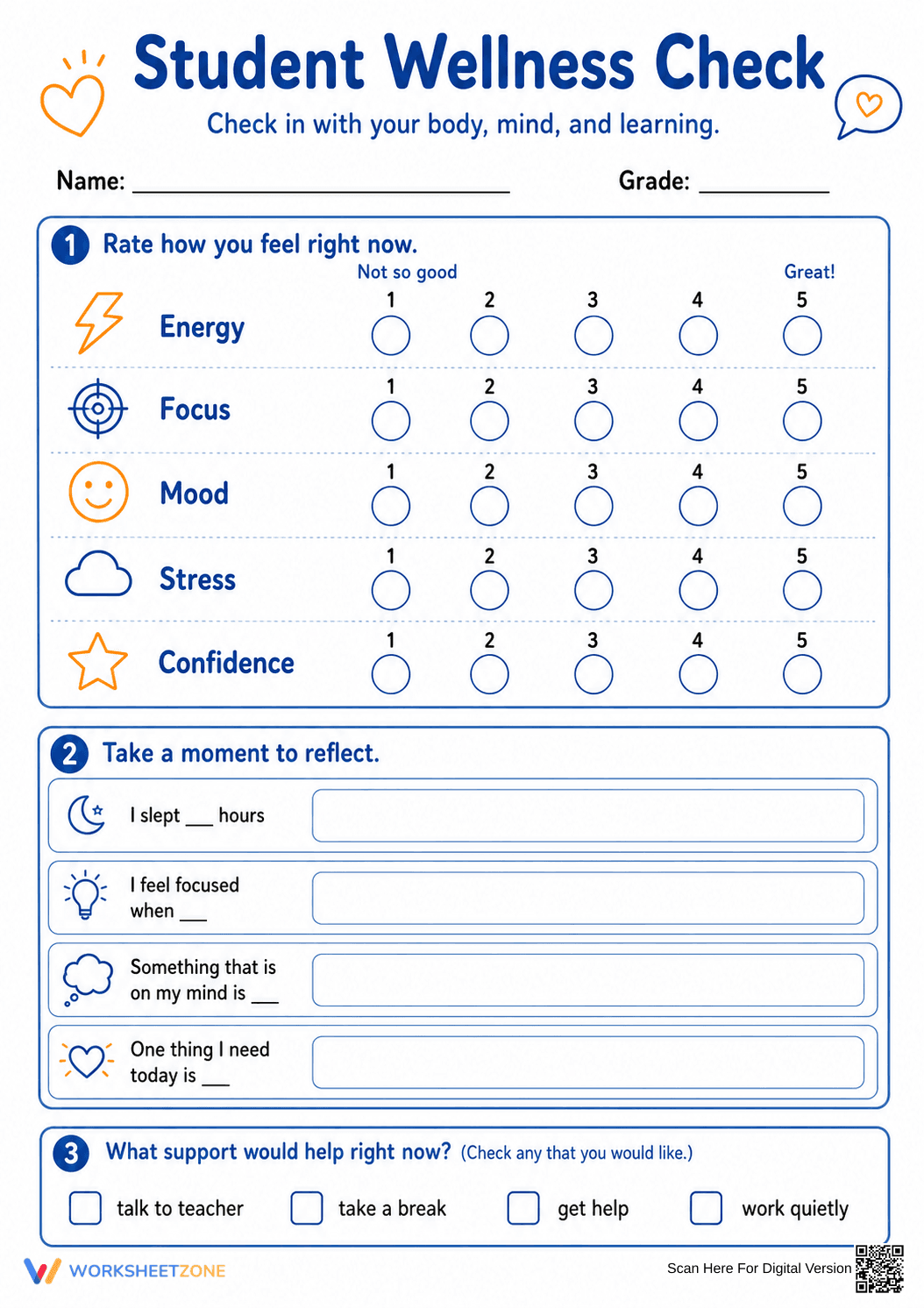 Student Wellness Check | Essential Grade 3-8 SEL Worksheet - Page 1