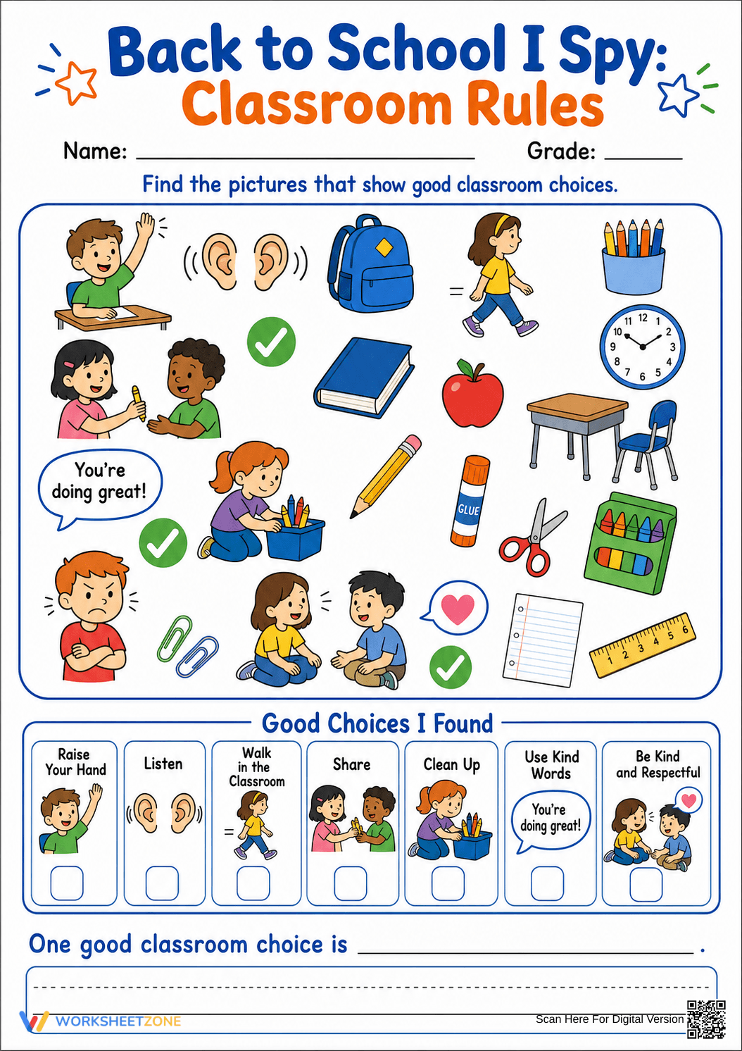Classroom Rules I Spy Worksheet | Grade 1 Essential - Page 1