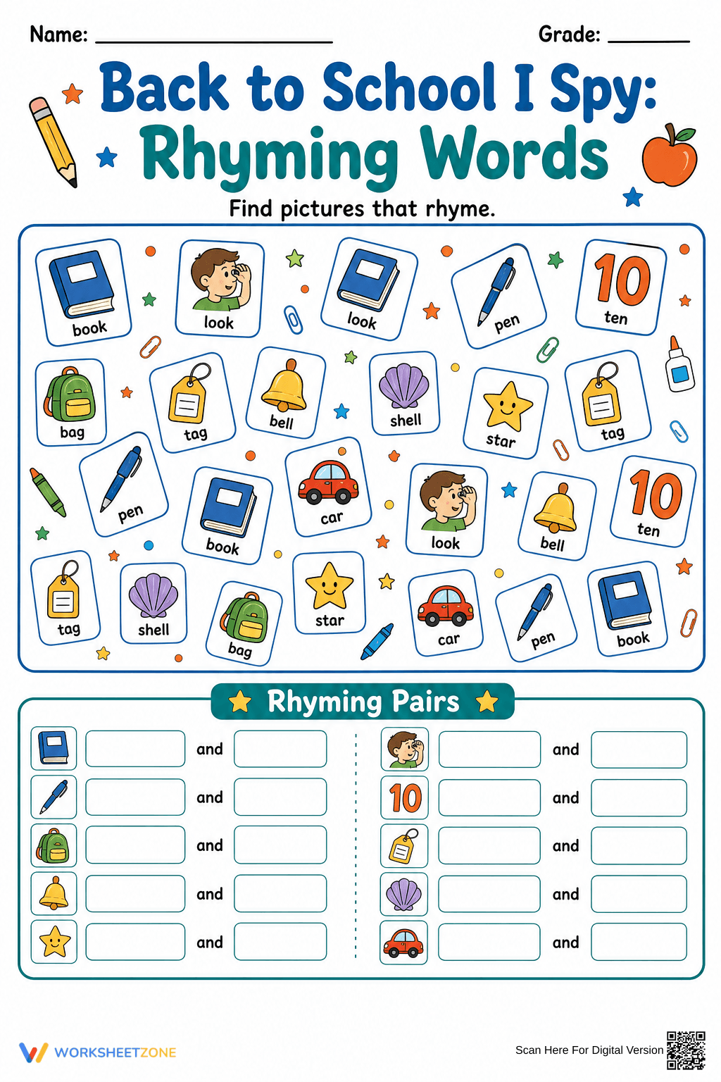 Back to School Rhyming I Spy | Grade K-2 Printable - Page 1