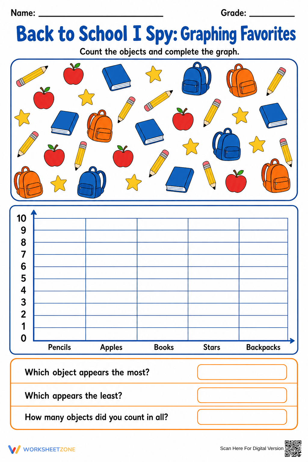 Grade 1 Back to School I Spy — Printable Graphing Worksheet - Page 1
