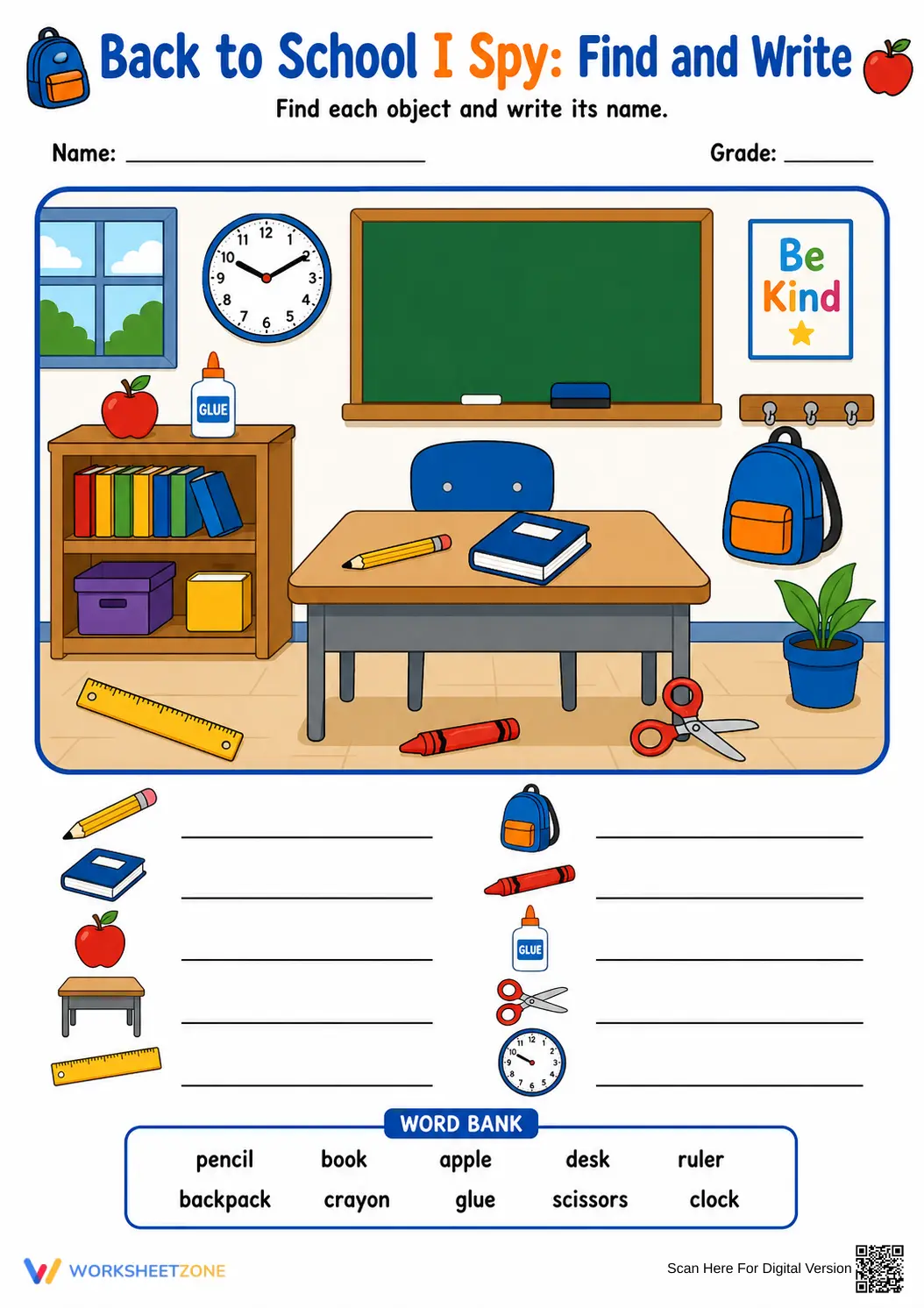 Essential Back to School I Spy Worksheet | Grade 1-3 - Page 1