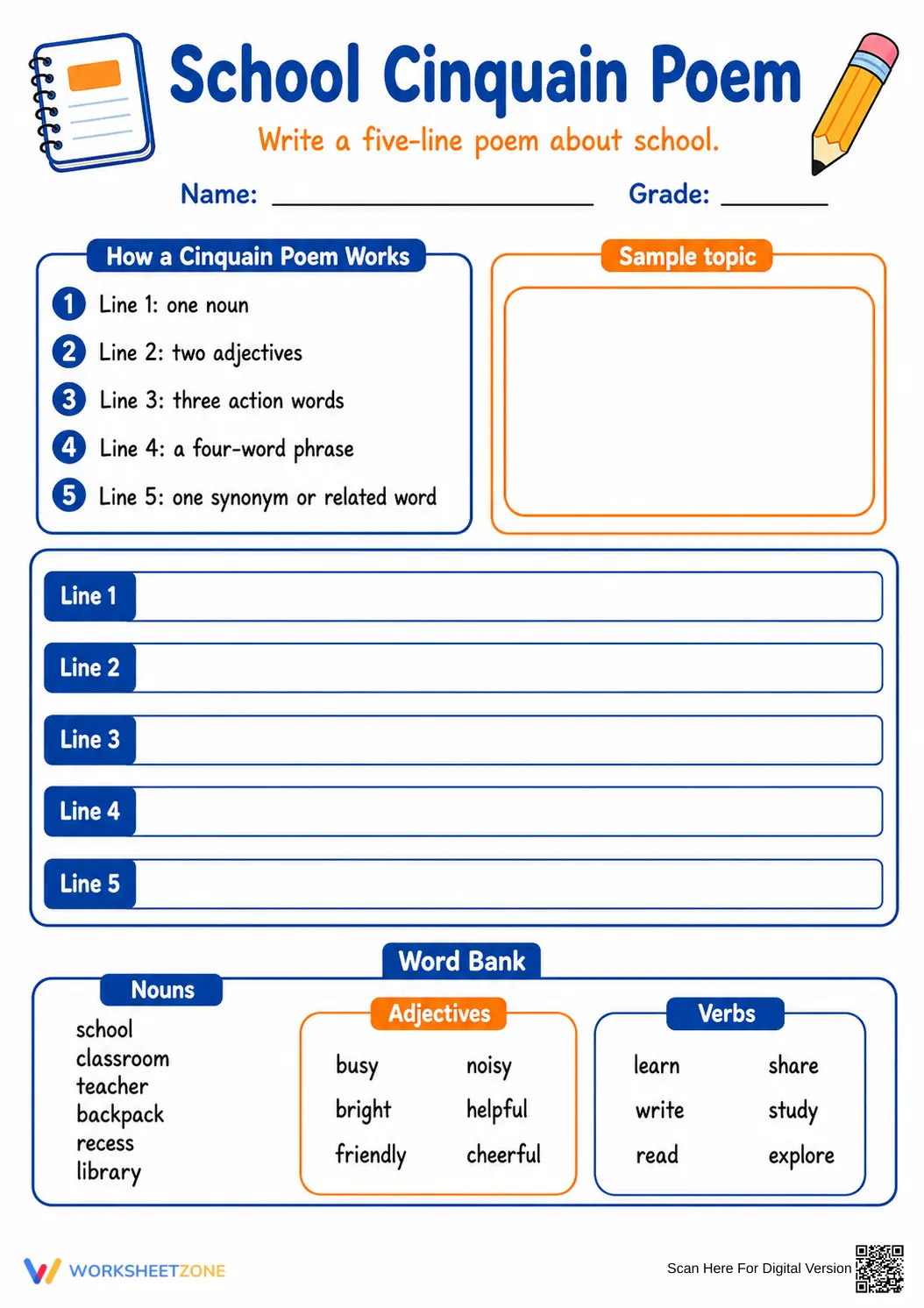 School Cinquain Poem Worksheet | Grade 4 Essential - Page 1