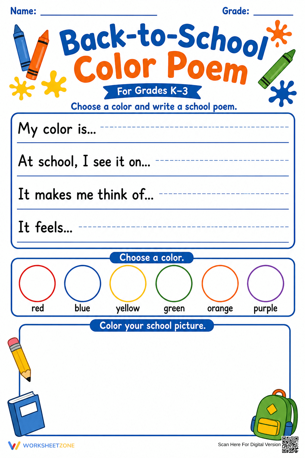 Back-to-School Color Poem | Grade 1 Printable - Page 1