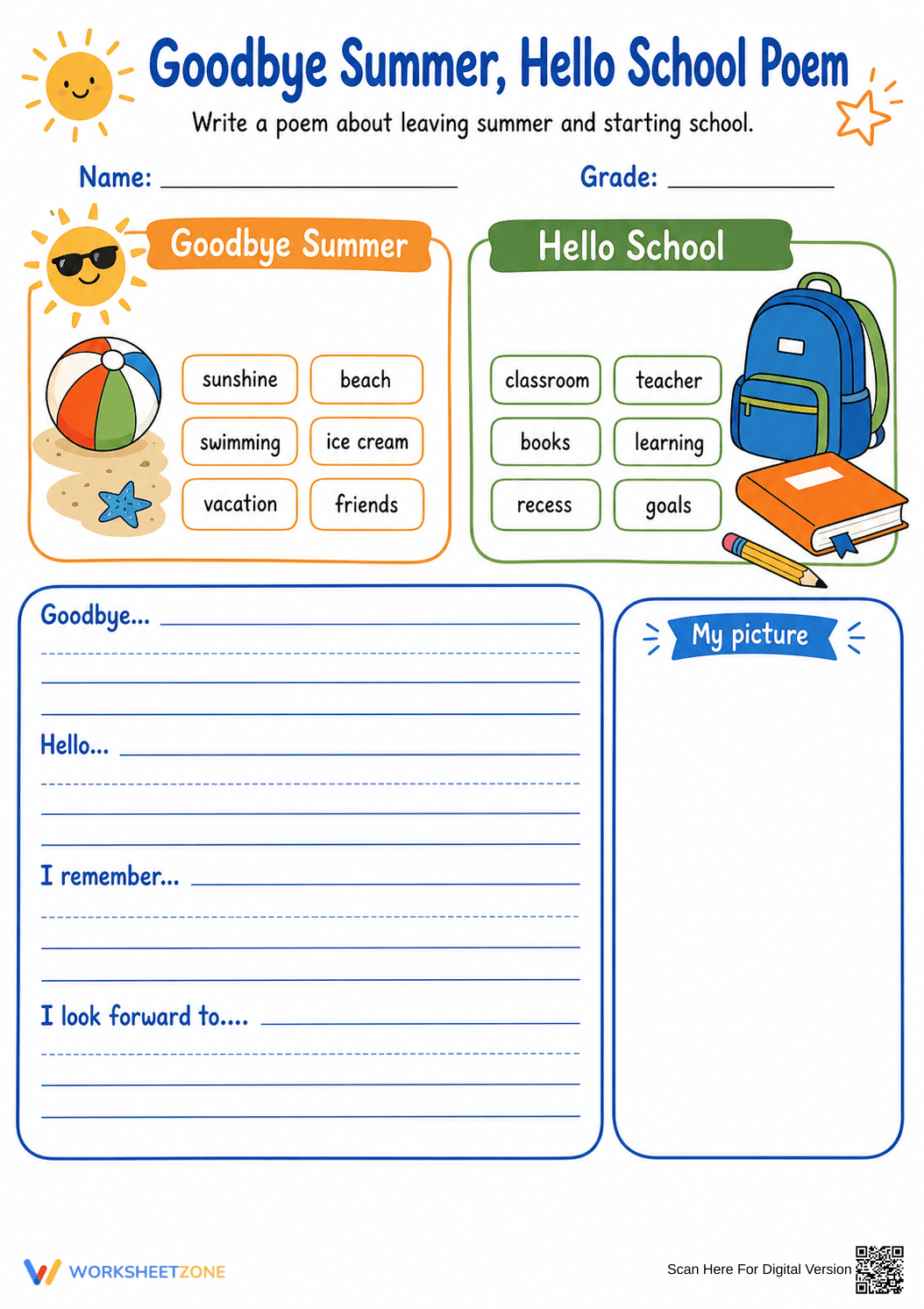 Grade 2 Summer to School Poem — Printable No-Prep Worksheet - Page 1