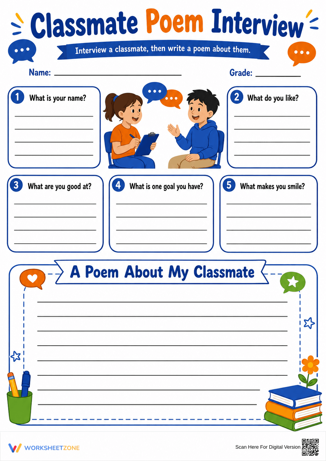Grade 3 Classmate Poem Interview — Printable Worksheet - Page 1