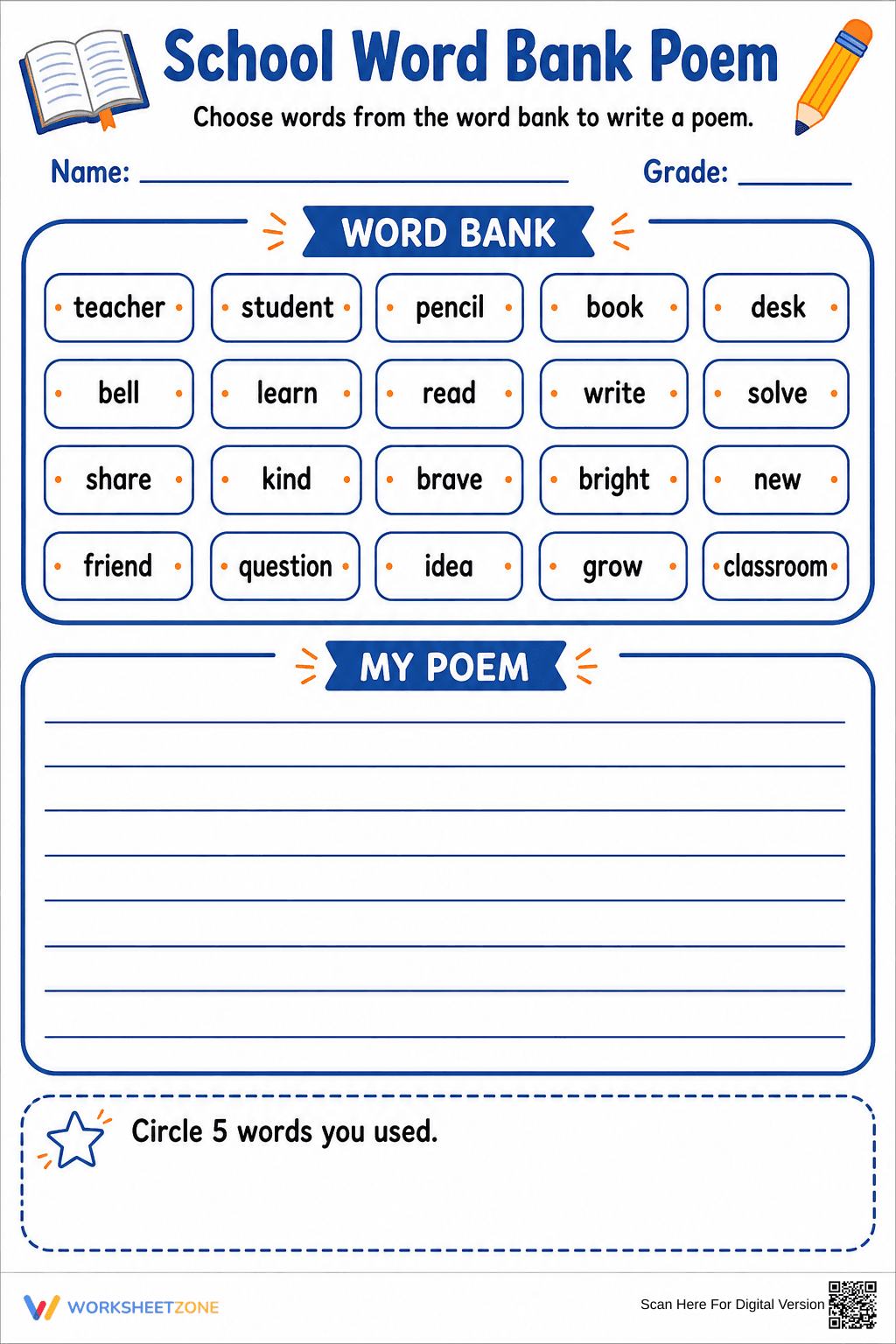 School Word Bank Poem | Essential Grade 3 Writing - Page 1