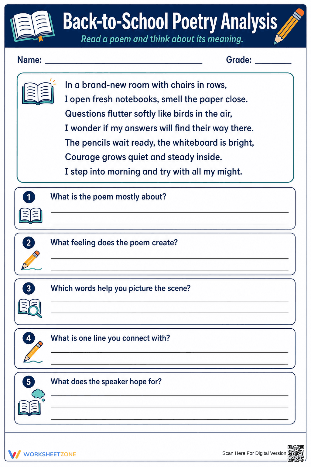 Grade 4 Poetry Analysis — Printable No-Prep Worksheet - Page 1
