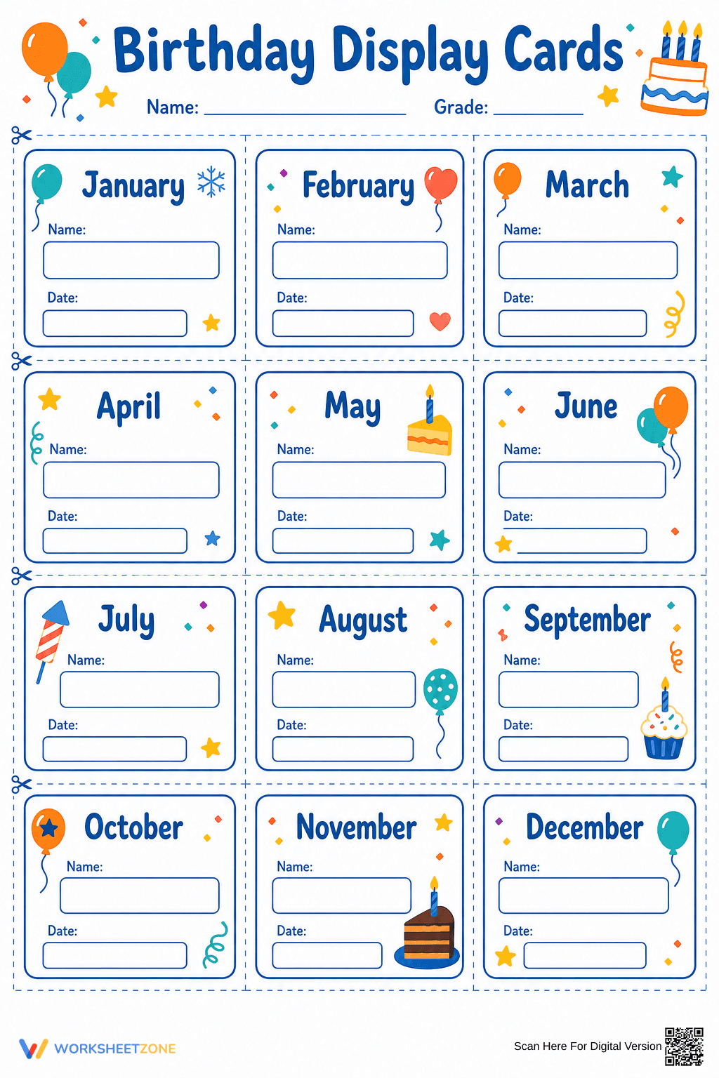 Printable Birthday Display Cards | Grade 1-3 Decor - Page 1