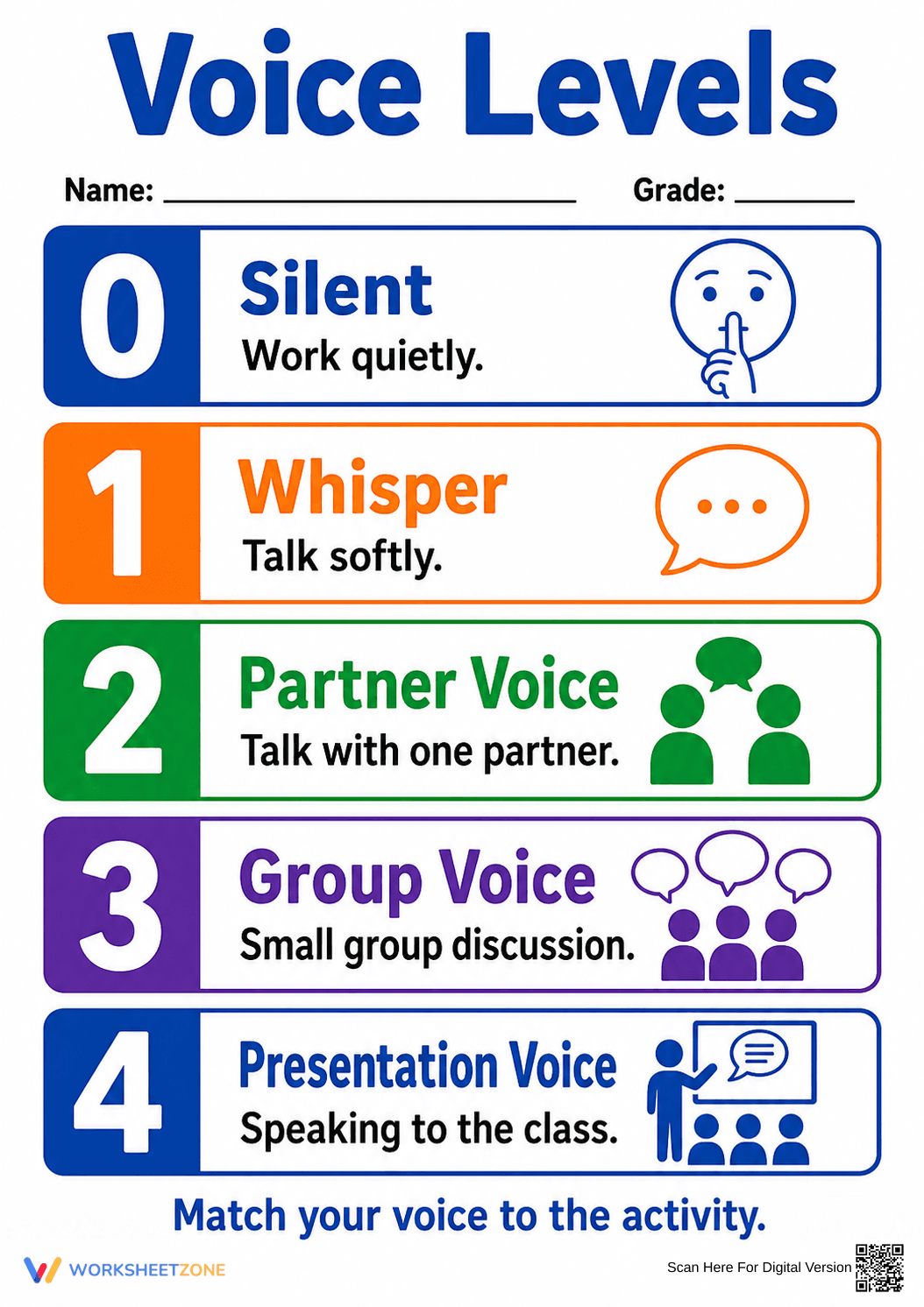 Printable Voice Levels Chart | Grades K-5 - Page 1