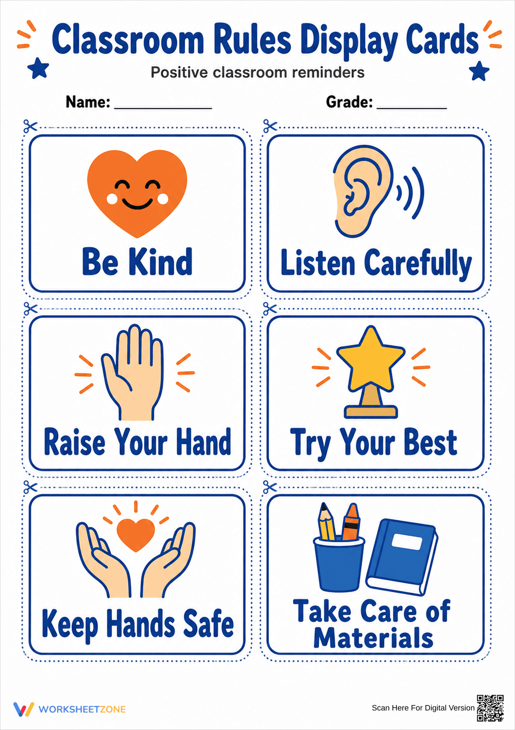 Classroom Rules Display Cards | Grade K Printable - Page 1