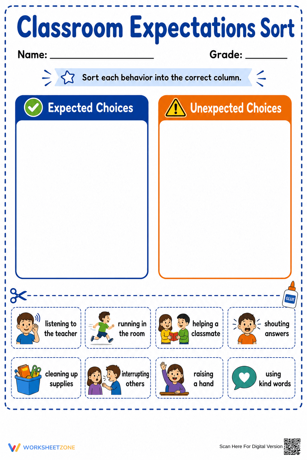 Grade 1 Classroom Expectations — Printable Sort Worksheet - Page 1
