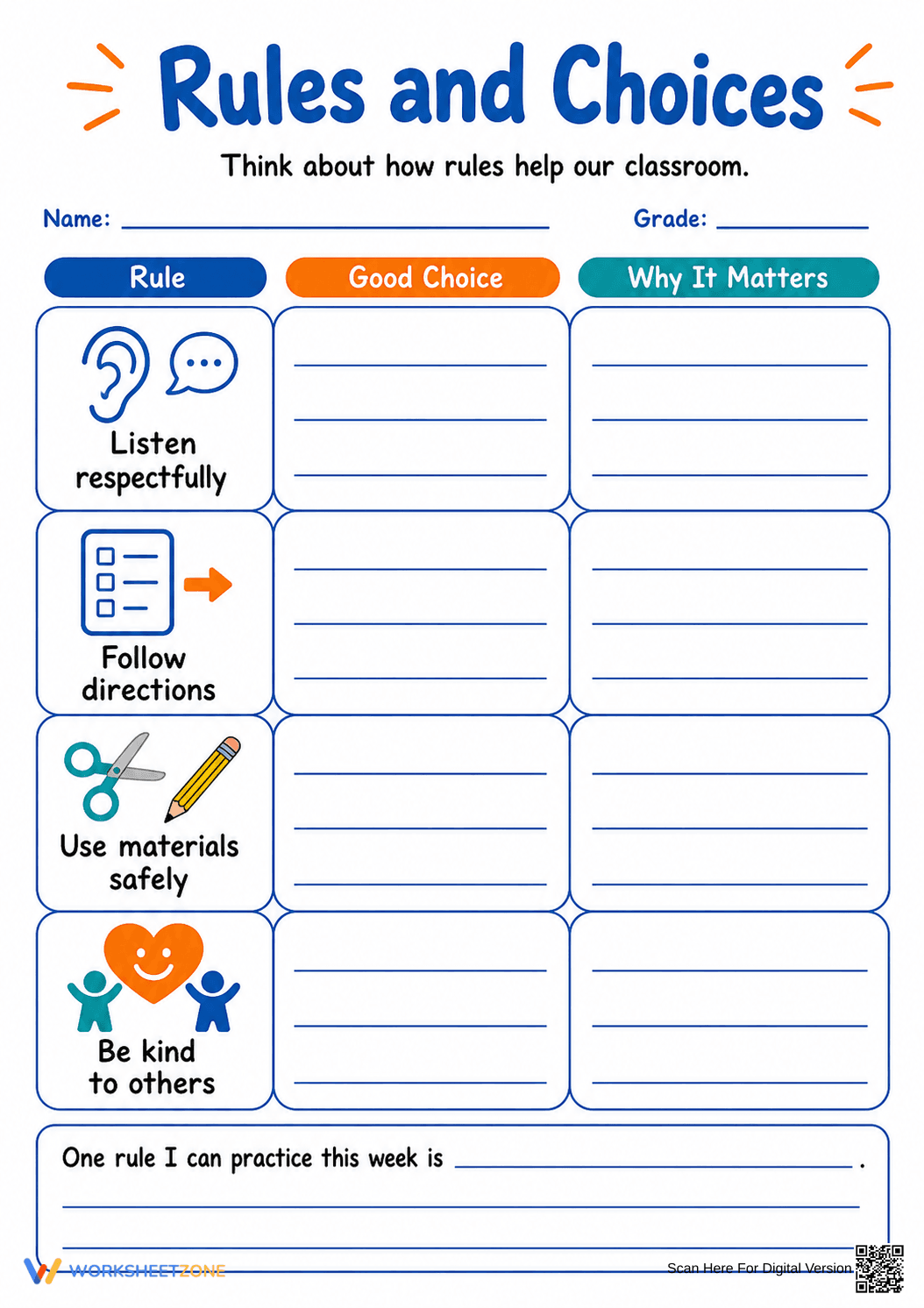 Rules and Choices Worksheet | Grade 3-5 Essential - Page 1
