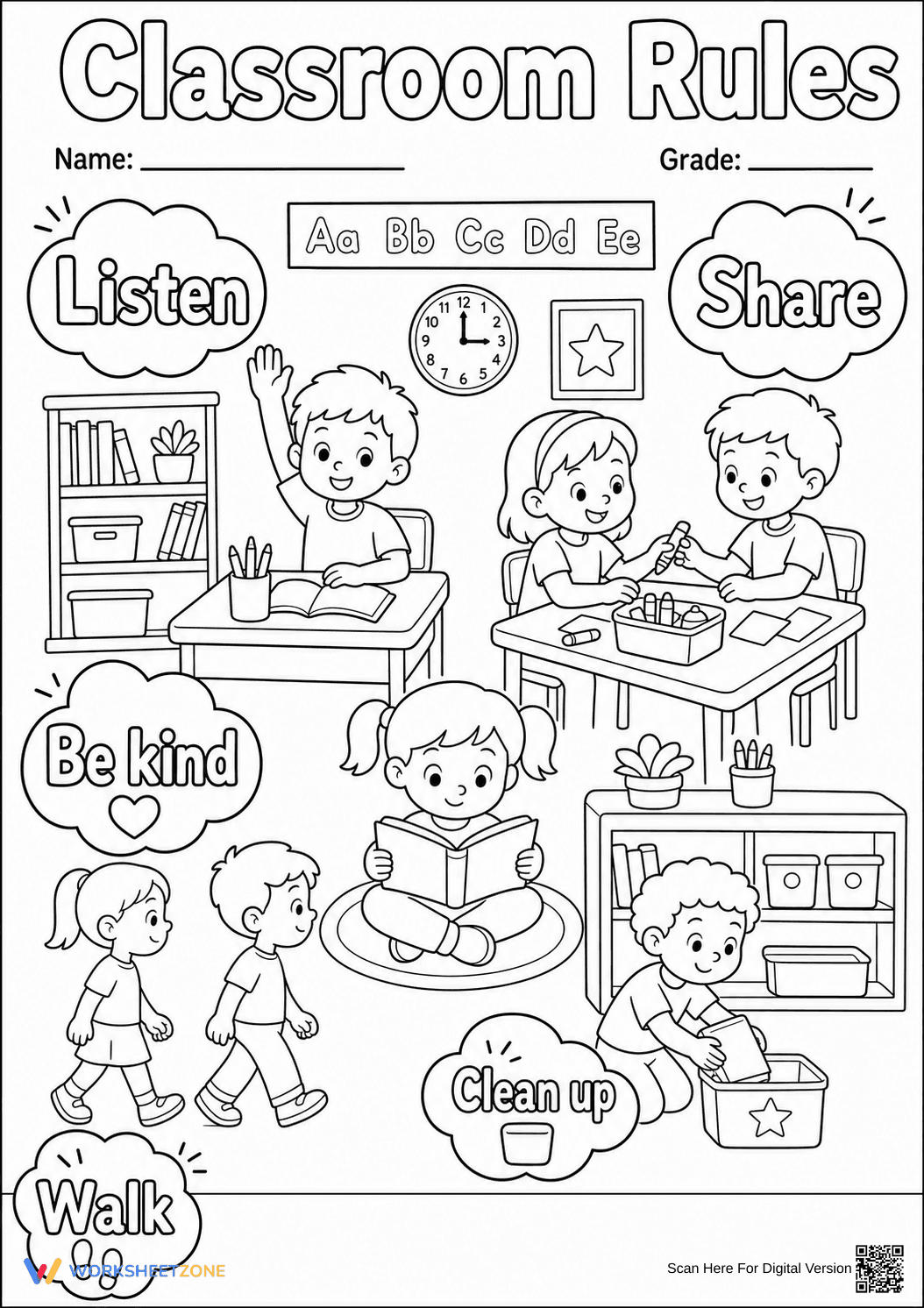 Printable Classroom Rules Coloring Page | Grade K - Page 1
