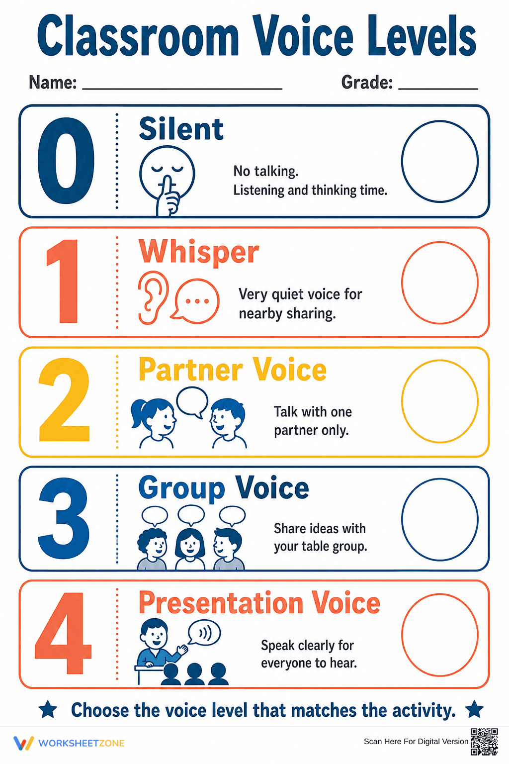 Classroom Voice Levels — Printable Grade K-5 Poster - Page 1