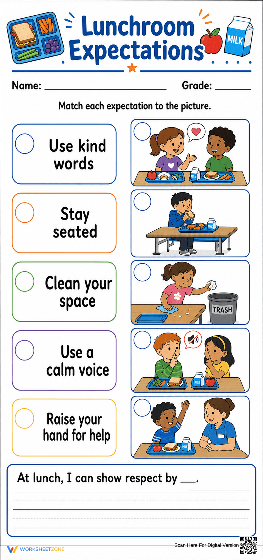 Essential Lunchroom Expectations Worksheet | Grade 1 - Page 1