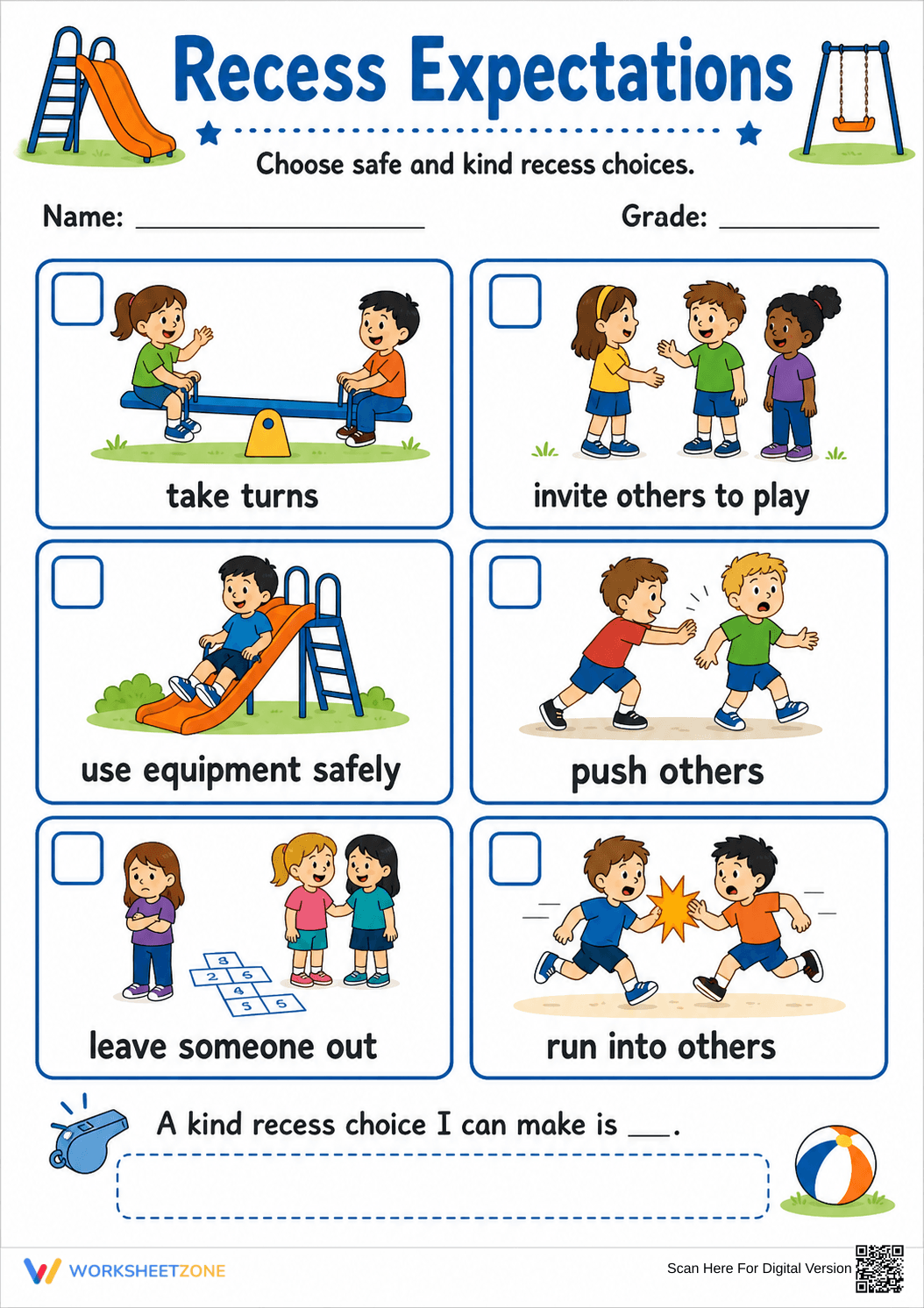 Recess Expectations Worksheet | Grade 1 Essential - Page 1