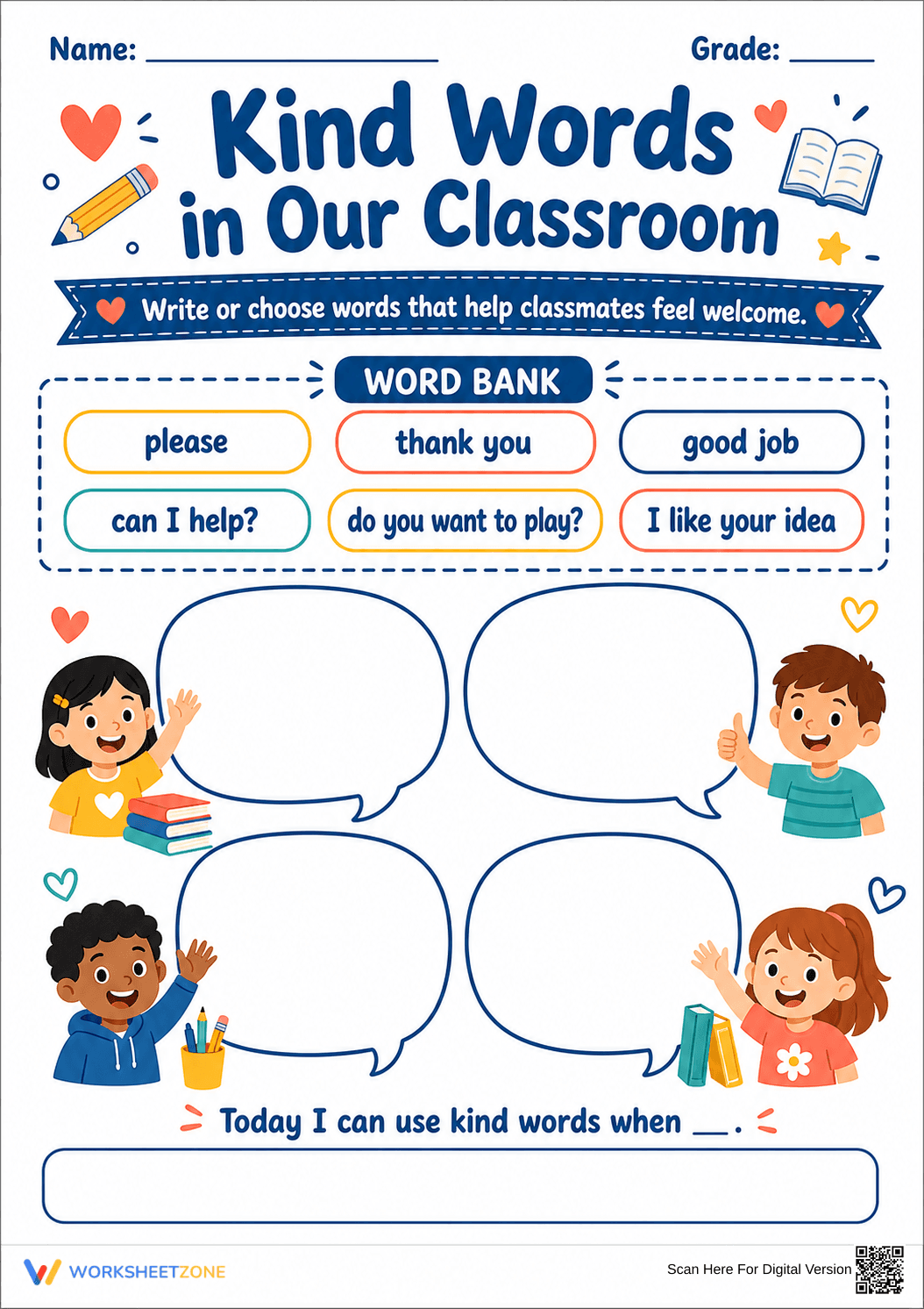 Printable Kind Words Worksheet | Grade 1 SEL - Page 1