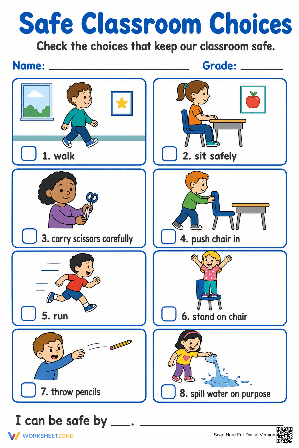 Safe Classroom Choices Worksheet | Grade 1 Printable - Page 1