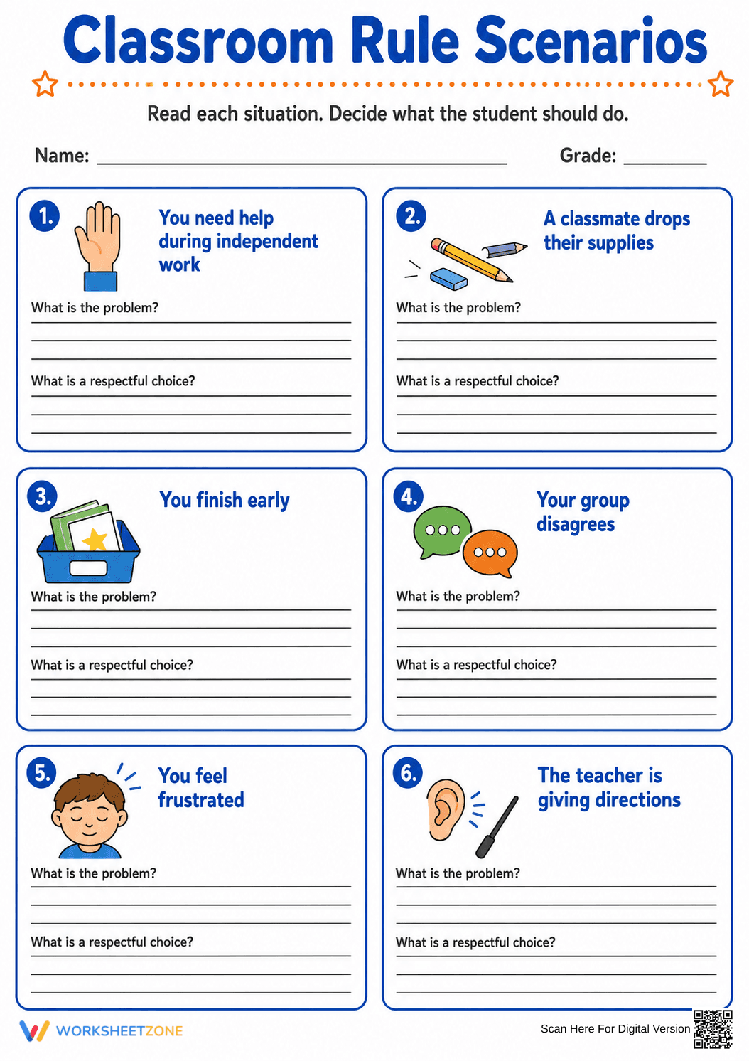 Classroom Rule Scenarios Worksheet | Essential Grade 3-6 - Page 1