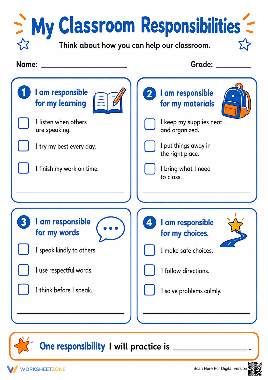 Grade 3 Classroom Responsibilities — Printable Worksheet - Page 1