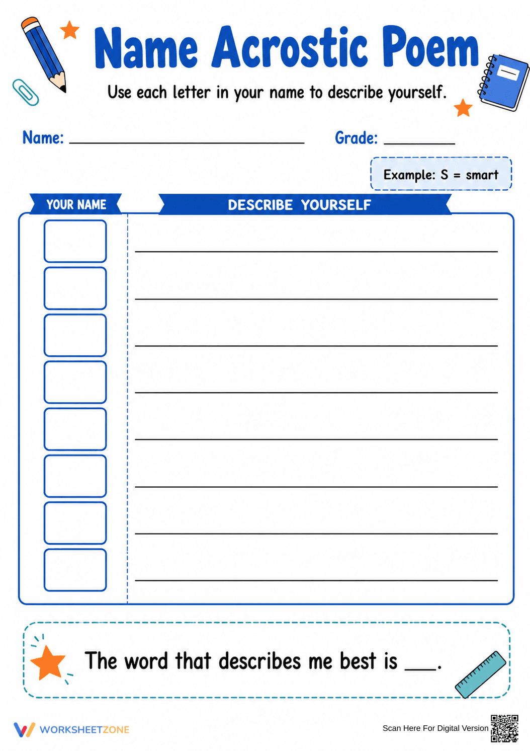 Grade 3 Acrostic Poem — Printable No-Prep Worksheet - Page 1