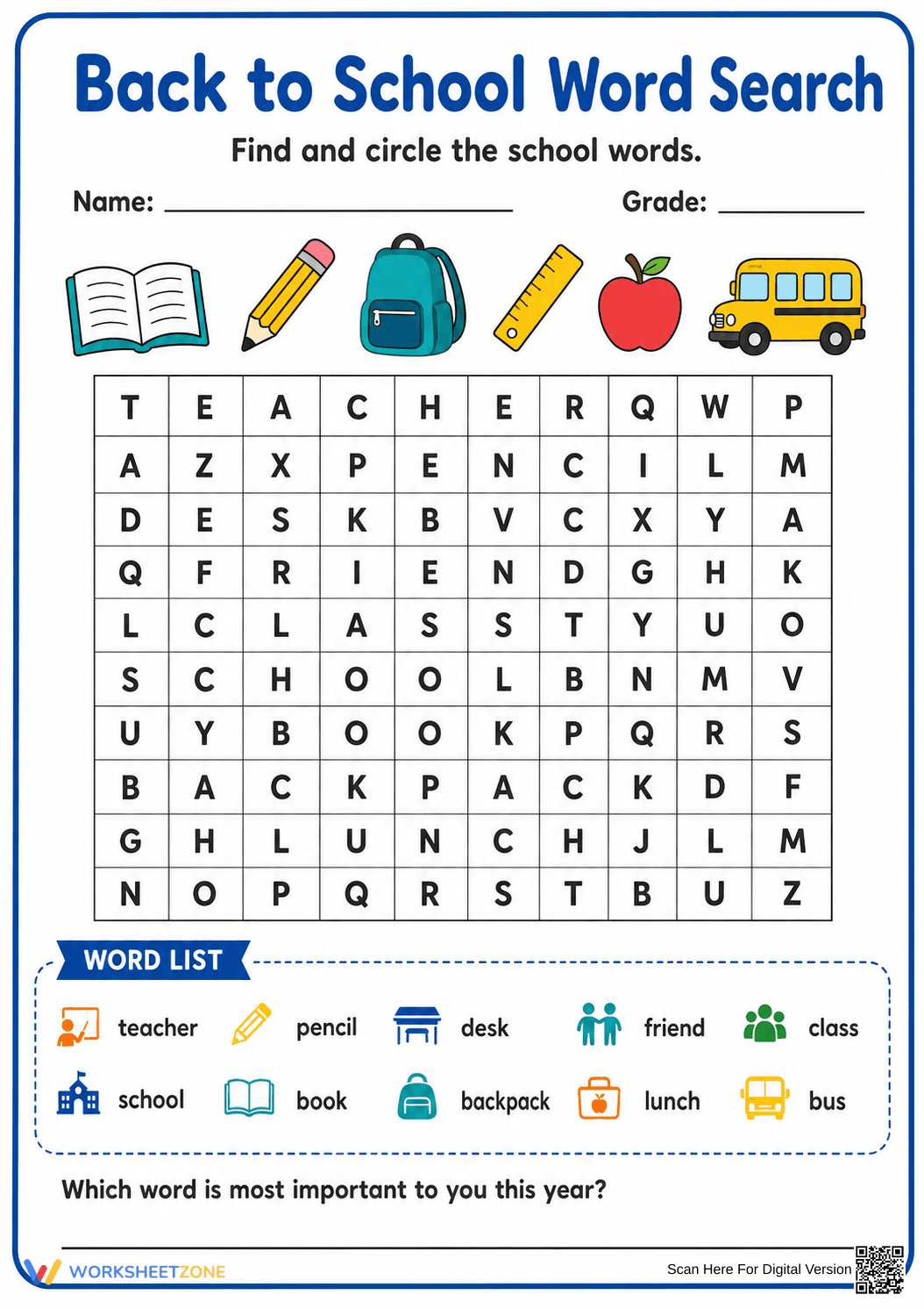 Printable Back to School Word Search | Grade 2 ELA - Page 1